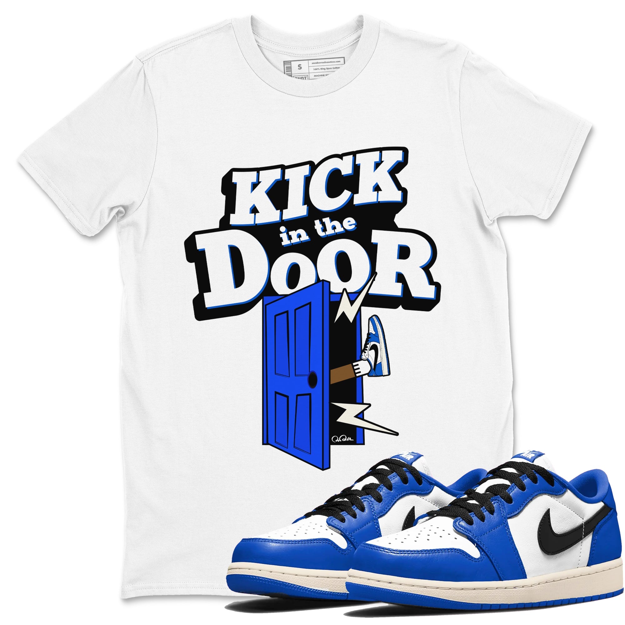 AJ1 Game Royal shirt to match jordans Kick In The Door sneaker tees Air Jordan 1 Game Royal Drip Gear Zone unisex cotton White 1 crew neck shirt