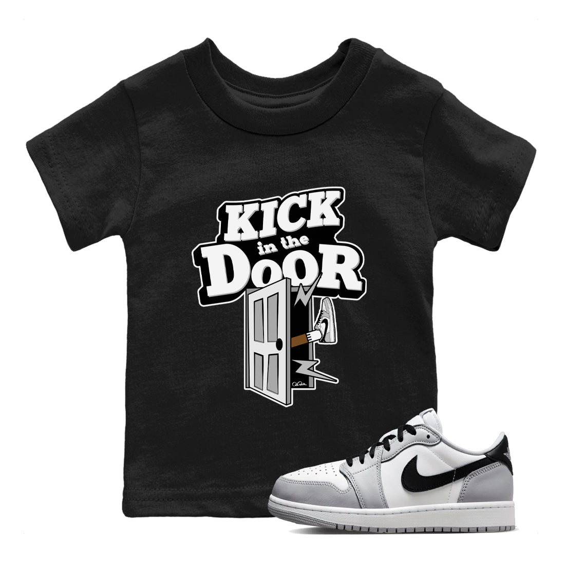 1s Wolf Grey shirts to match jordans Kick In The Door sneaker match tees Air Jordan 1 Wolf Grey Drip Gear Zone streetwear brand Baby and Youth Black 1 cotton tee