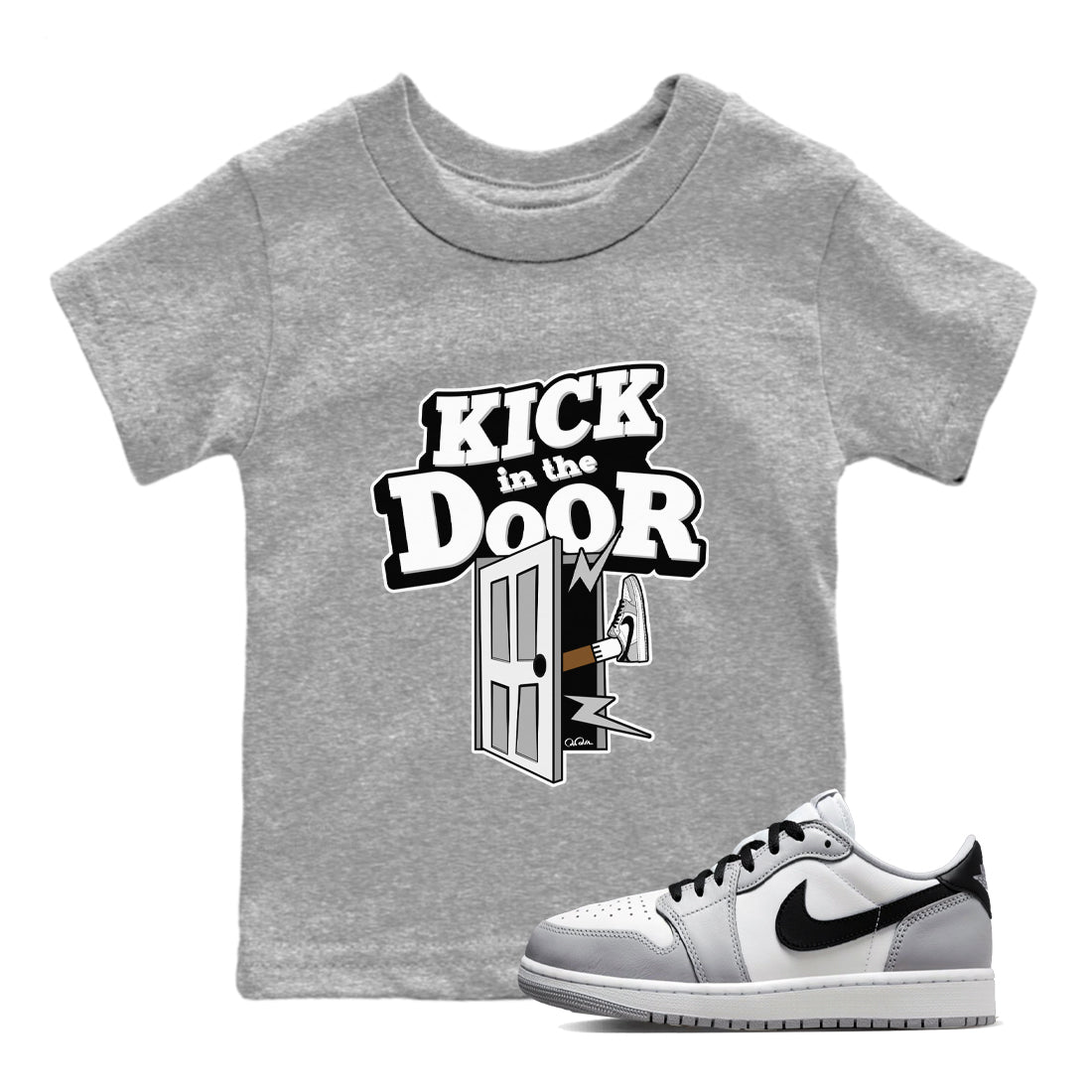 1s Wolf Grey shirts to match jordans Kick In The Door sneaker match tees Air Jordan 1 Wolf Grey Drip Gear Zone streetwear brand Baby and Youth Heather Grey 1 cotton tee