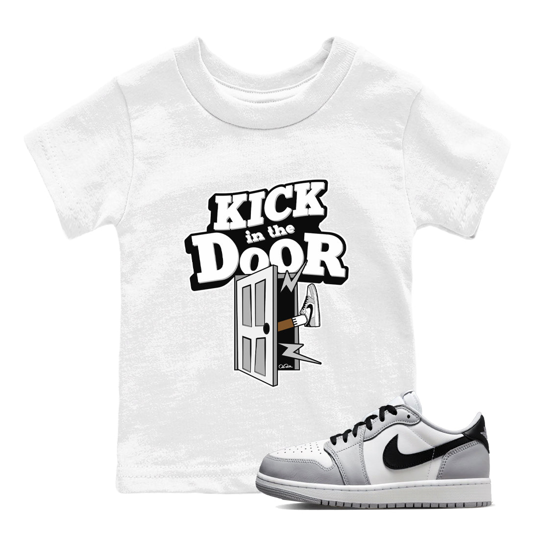 1s Wolf Grey shirts to match jordans Kick In The Door sneaker match tees Air Jordan 1 Wolf Grey Drip Gear Zone streetwear brand Baby and Youth White 1 cotton tee