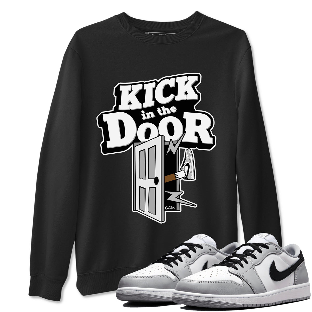 1s Wolf Grey shirts to match jordans Kick In The Door sneaker match tees Air Jordan 1 Wolf Grey Drip Gear Zone streetwear brand Black 1 unisex cotton tee