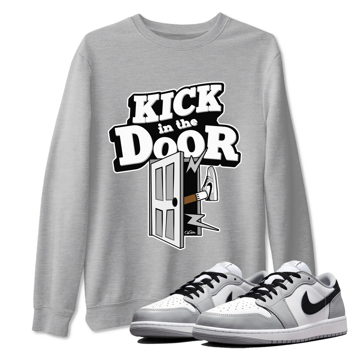 1s Wolf Grey shirts to match jordans Kick In The Door sneaker match tees Air Jordan 1 Wolf Grey Drip Gear Zone streetwear brand Heather Grey 1 unisex cotton tee