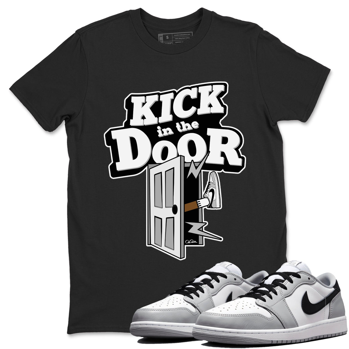 1s Wolf Grey shirts to match jordans Kick In The Door sneaker match tees Air Jordan 1 Wolf Grey Drip Gear Zone streetwear brand Black 1 unisex cotton tee