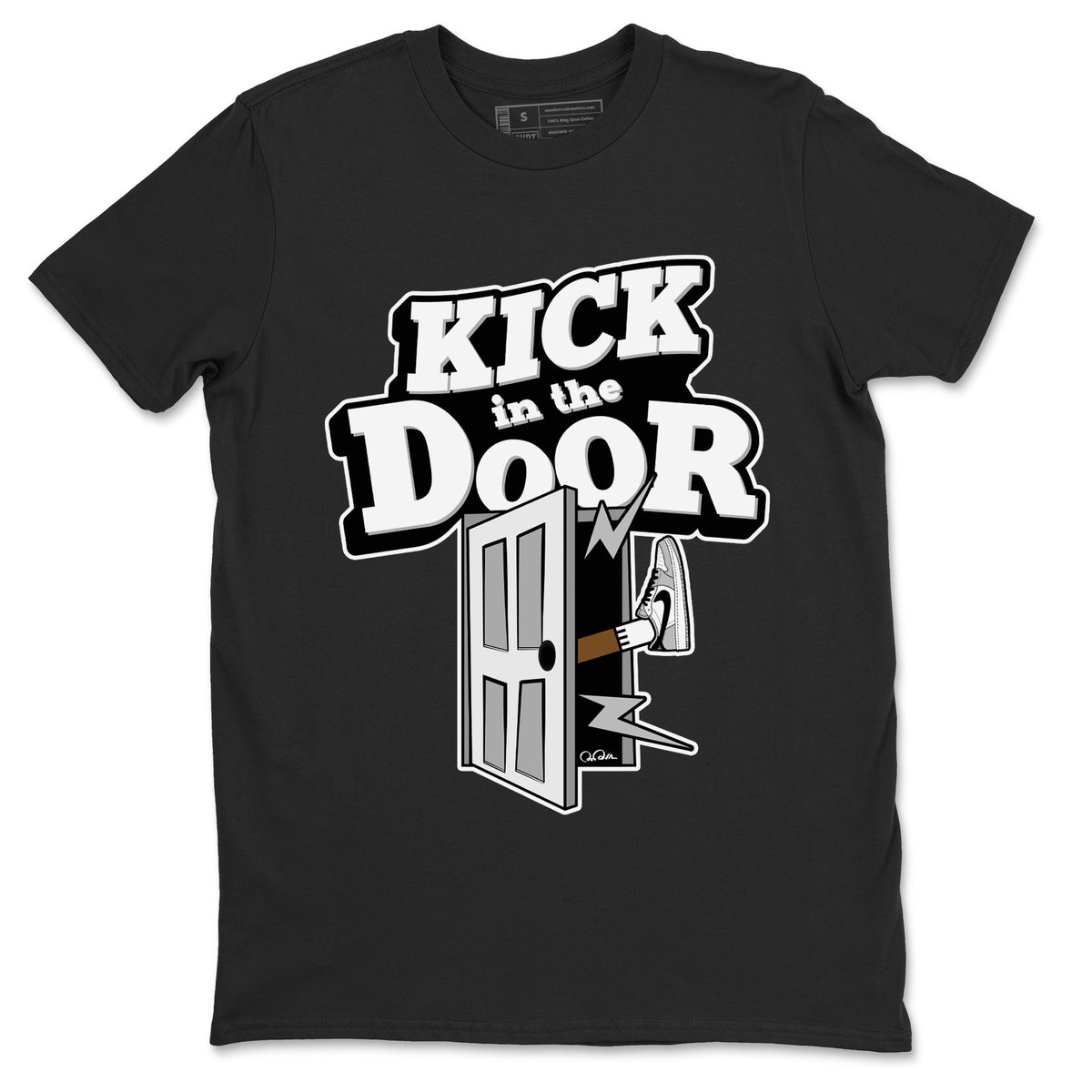 1s Wolf Grey shirts to match jordans Kick In The Door sneaker match tees Air Jordan 1 Wolf Grey Drip Gear Zone streetwear brand Black 2 unisex cotton tee