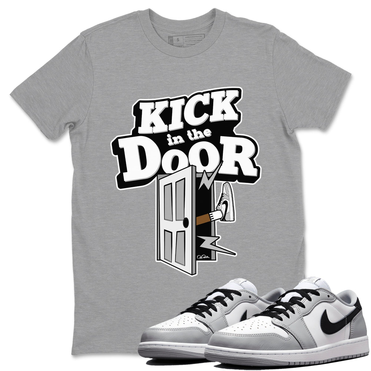 1s Wolf Grey shirts to match jordans Kick In The Door sneaker match tees Air Jordan 1 Wolf Grey Drip Gear Zone streetwear brand Heather Grey 1 unisex cotton tee