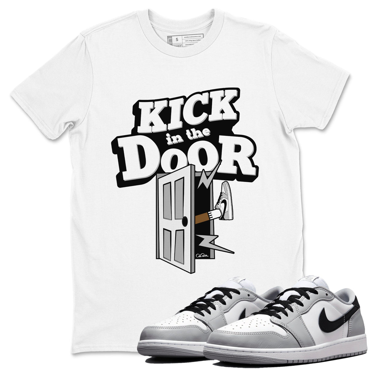 1s Wolf Grey shirts to match jordans Kick In The Door sneaker match tees Air Jordan 1 Wolf Grey Drip Gear Zone streetwear brand White 1 unisex cotton tee