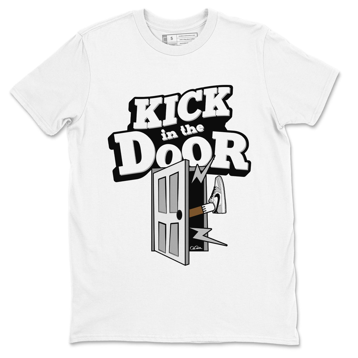 1s Wolf Grey shirts to match jordans Kick In The Door sneaker match tees Air Jordan 1 Wolf Grey Drip Gear Zone streetwear brand White 2 unisex cotton tee