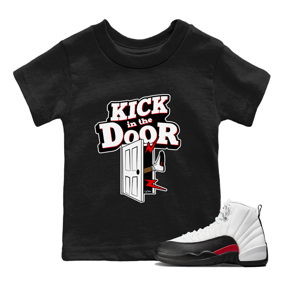 12s Taxi Flip shirts to match jordans Kick In The Door sneaker match tees Air Jordan 12 Taxi Flip Drip Gear Zone streetwear brand Baby and Youth Black 1 cotton tee