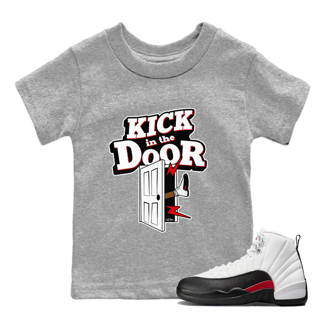 12s Taxi Flip shirts to match jordans Kick In The Door sneaker match tees Air Jordan 12 Taxi Flip Drip Gear Zone streetwear brand Baby and Youth Heather Grey 1 cotton tee