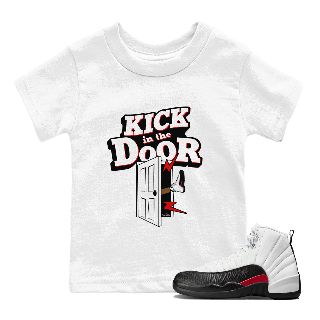 12s Taxi Flip shirts to match jordans Kick In The Door sneaker match tees Air Jordan 12 Taxi Flip Drip Gear Zone streetwear brand Baby and Youth White 1 cotton tee