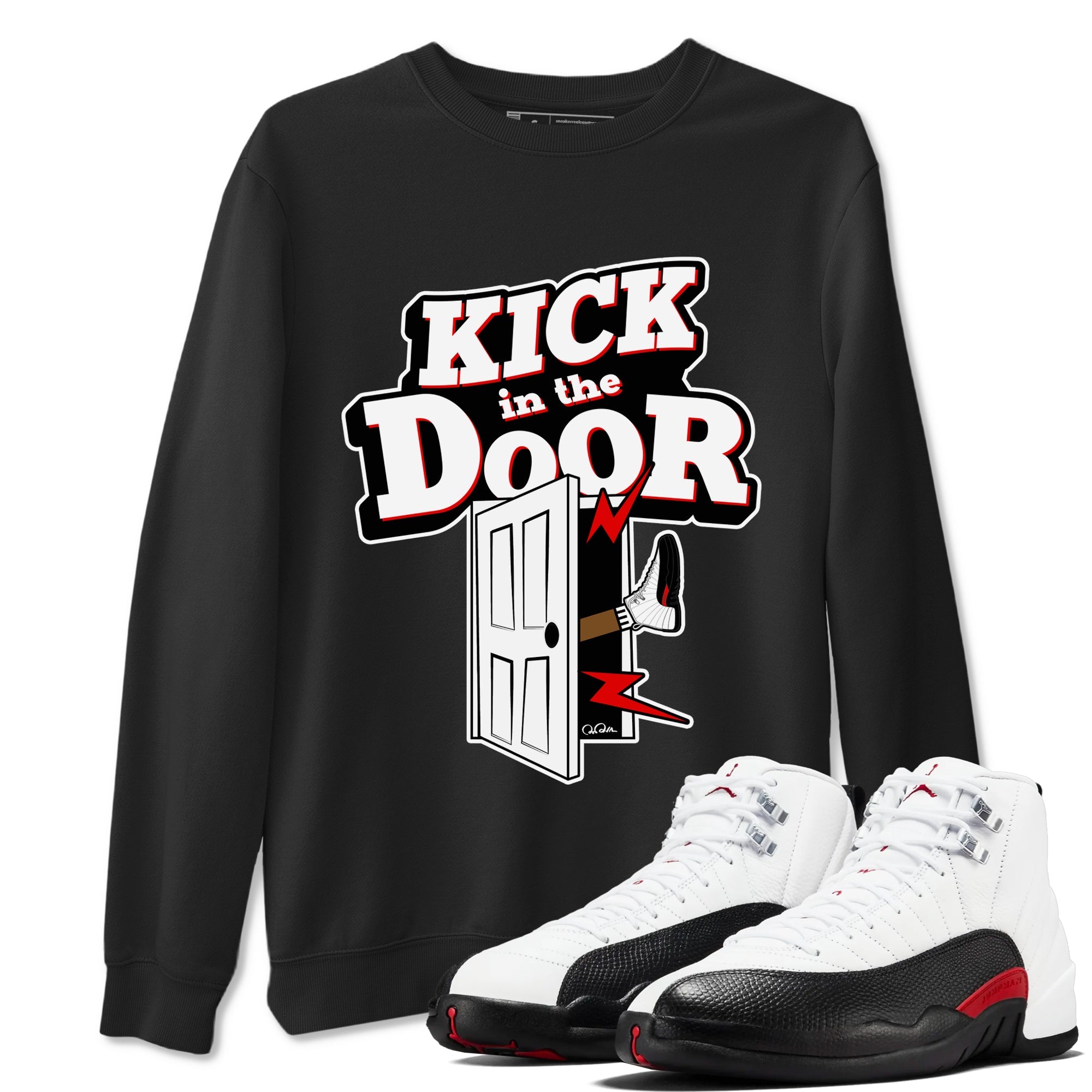 12s Taxi Flip shirts to match jordans Kick In The Door sneaker match tees Air Jordan 12 Taxi Flip Drip Gear Zone streetwear brand Black 1 unisex cotton tee