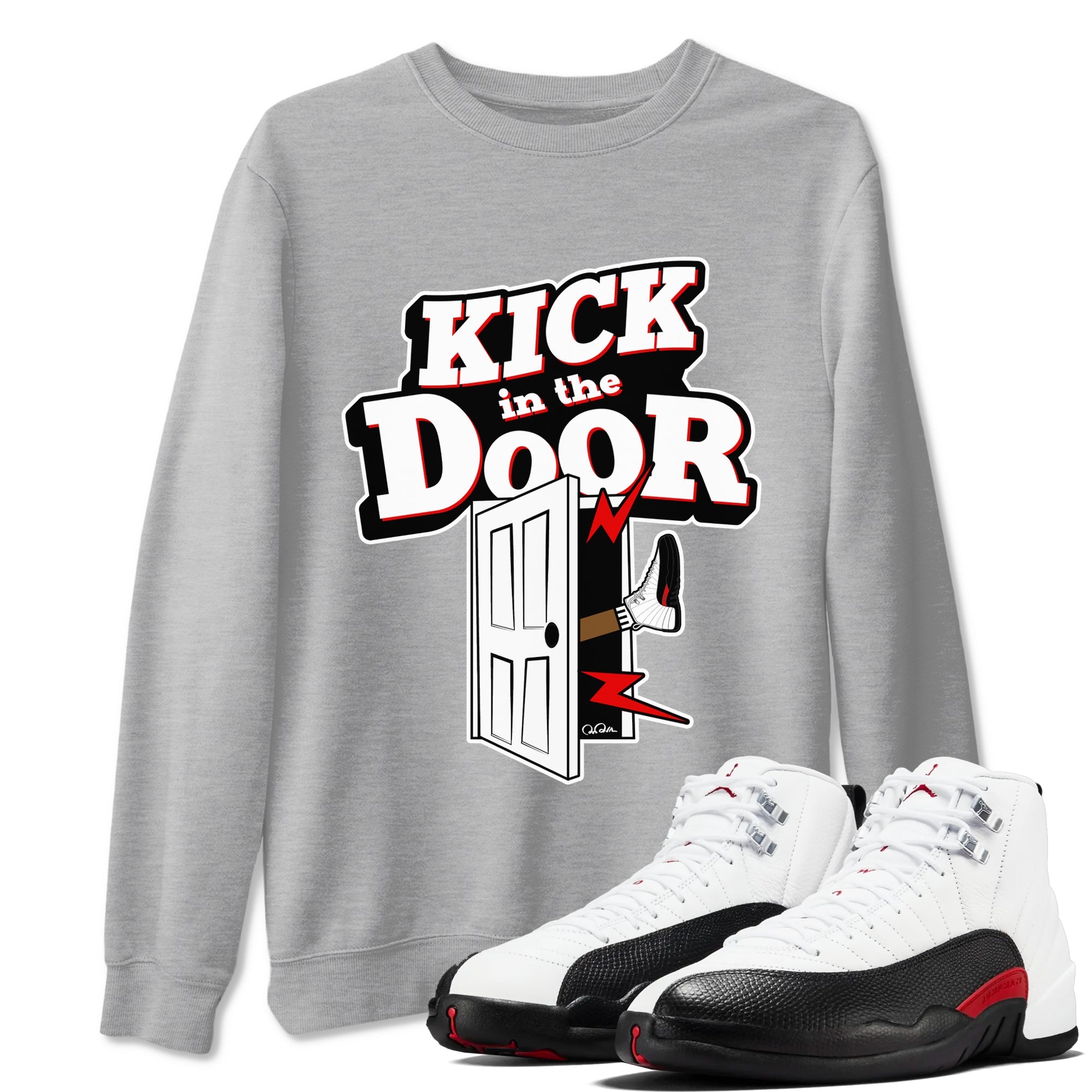 12s Taxi Flip shirts to match jordans Kick In The Door sneaker match tees Air Jordan 12 Taxi Flip Drip Gear Zone streetwear brand Heather Grey 1 unisex cotton tee
