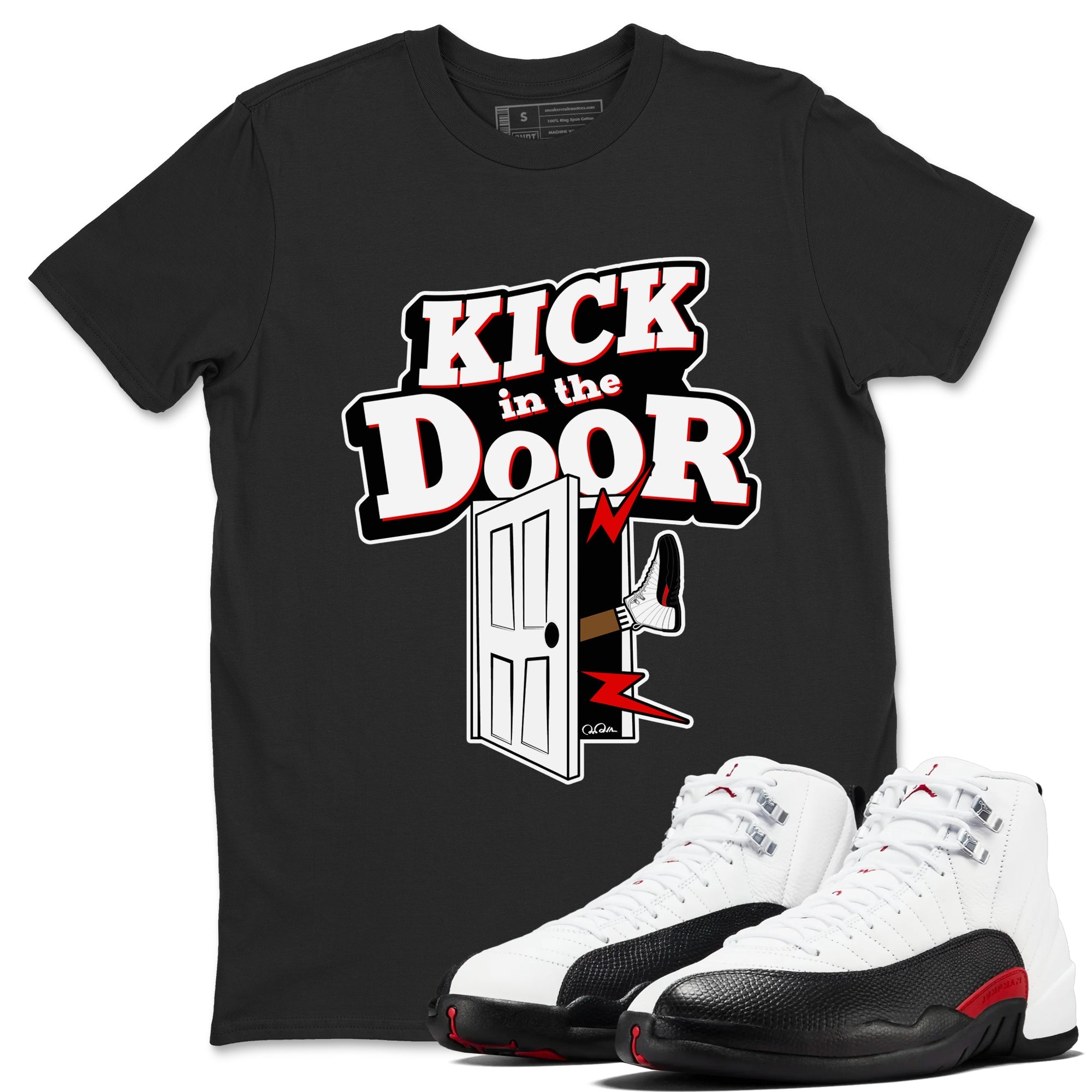 12s Taxi Flip shirts to match jordans Kick In The Door sneaker match tees Air Jordan 12 Taxi Flip Drip Gear Zone streetwear brand Black 1 unisex cotton tee