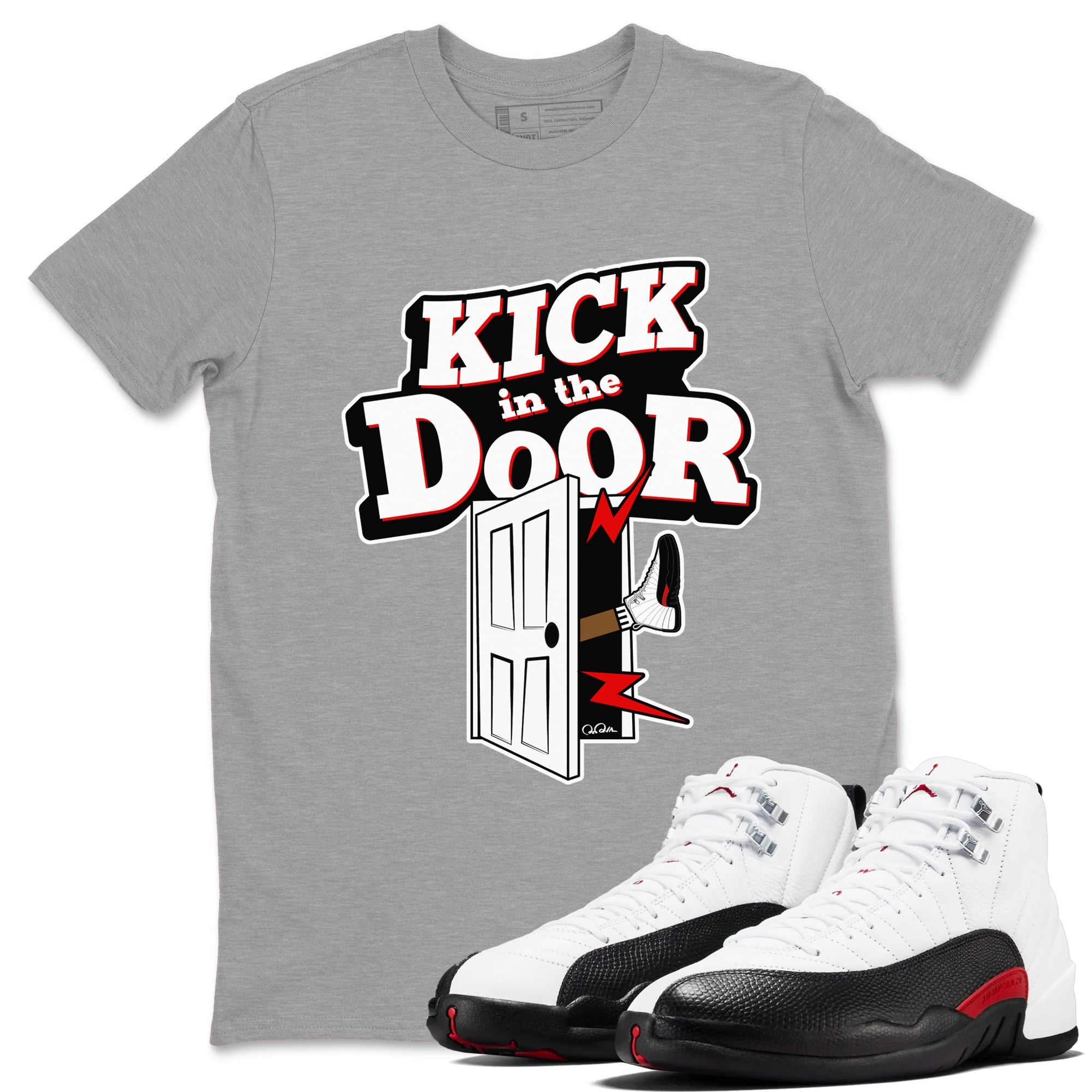 12s Taxi Flip shirts to match jordans Kick In The Door sneaker match tees Air Jordan 12 Taxi Flip Drip Gear Zone streetwear brand Heather Grey 1 unisex cotton tee