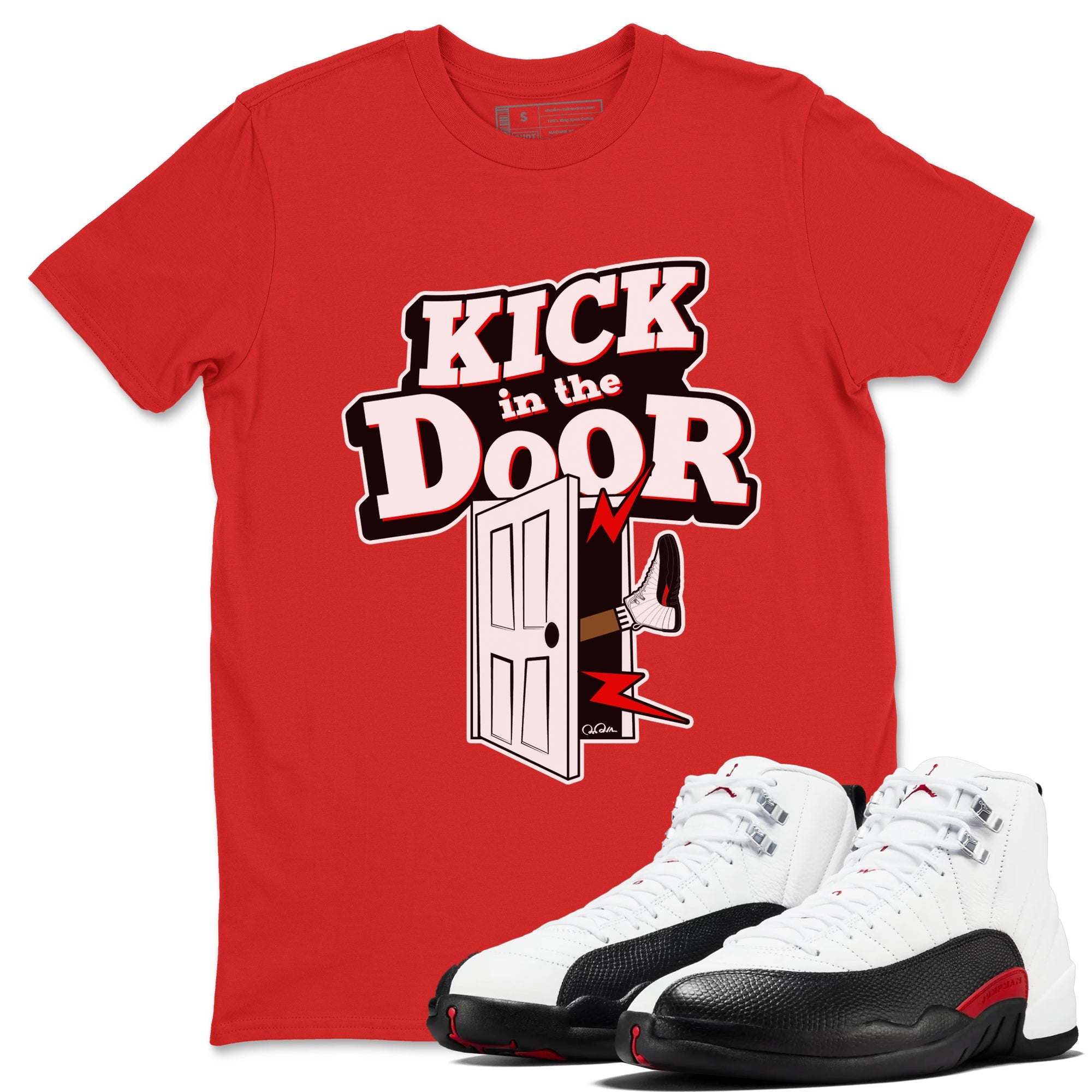 12s Taxi Flip shirts to match jordans Kick In The Door sneaker match tees Air Jordan 12 Taxi Flip Drip Gear Zone streetwear brand Red 1 unisex cotton tee