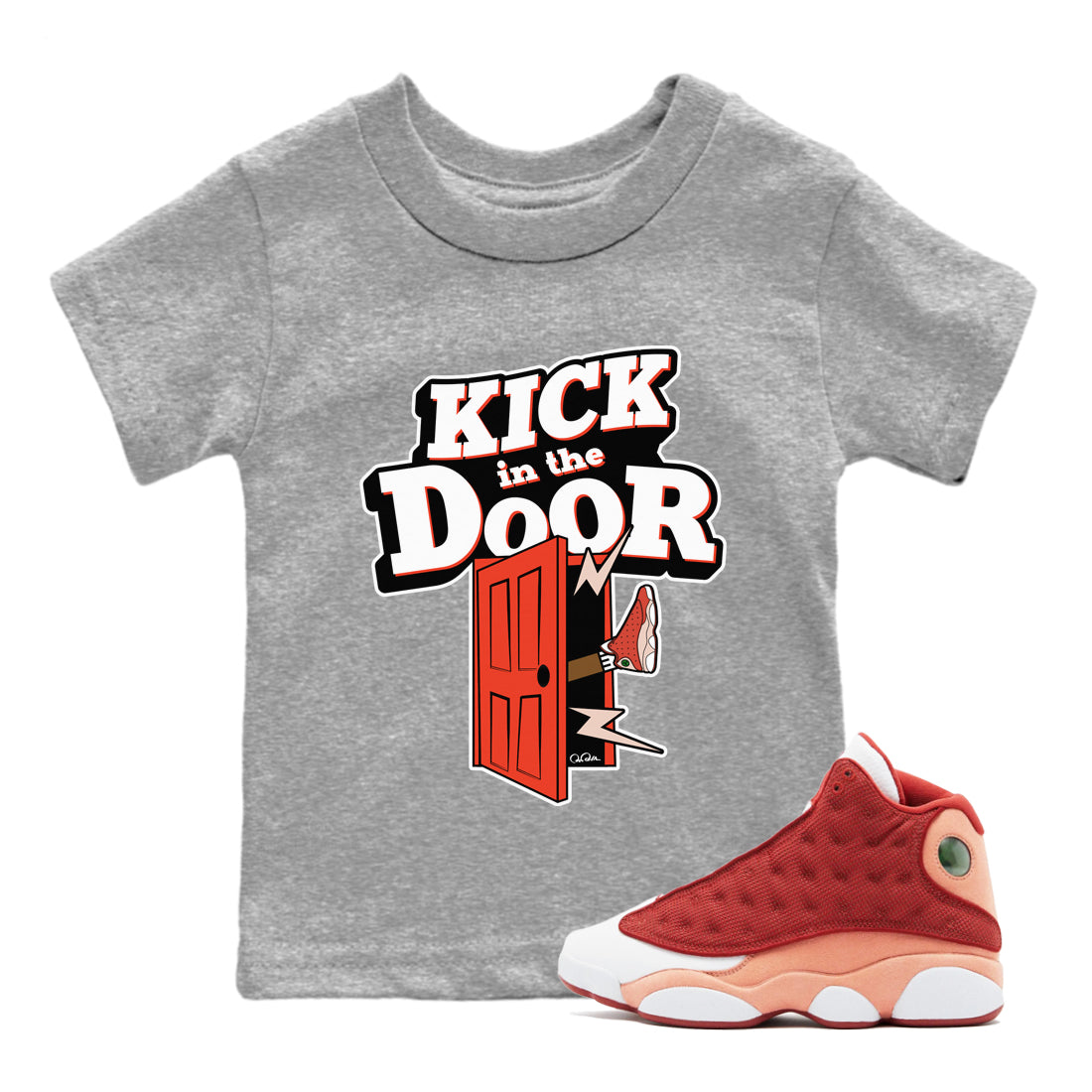13s Dune Red shirts to match jordans Kick In The Door sneaker match tees Air Jordan 13 Dune Red Drip Gear Zone streetwear brand Baby and Youth Heather Grey 1 cotton tee