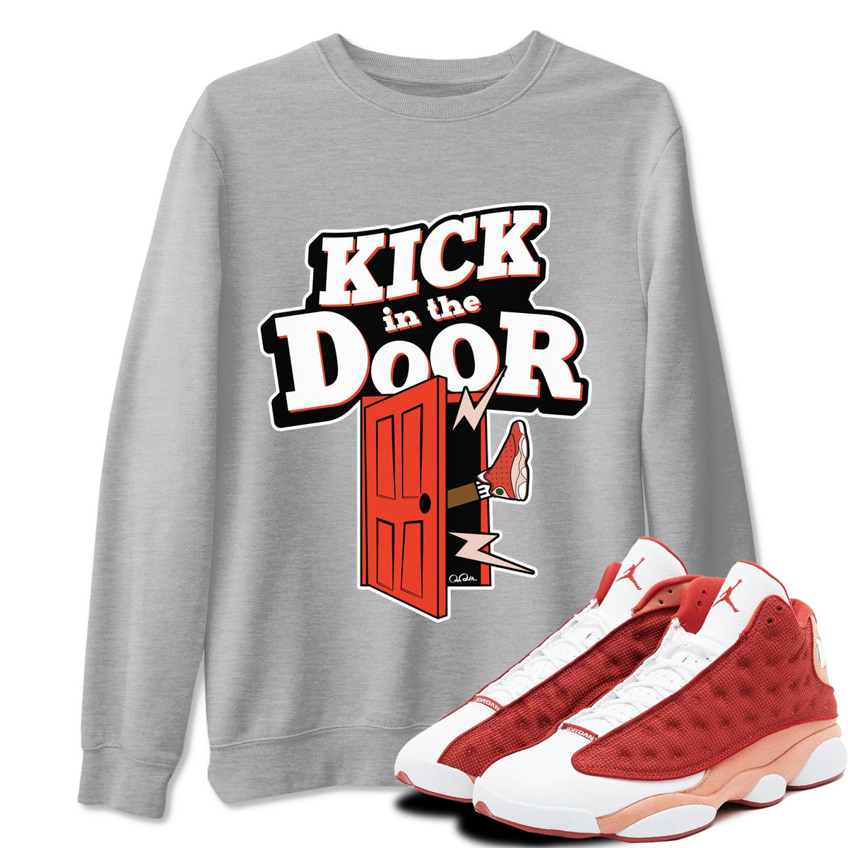 13s Dune Red shirts to match jordans Kick In The Door sneaker match tees Air Jordan 13 Dune Red Drip Gear Zone streetwear brand Heather Grey 1 unisex cotton tee