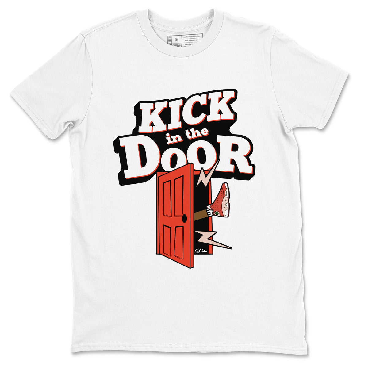 13s Dune Red shirts to match jordans Kick In The Door sneaker match tees Air Jordan 13 Dune Red Drip Gear Zone streetwear brand White 2 unisex cotton tee
