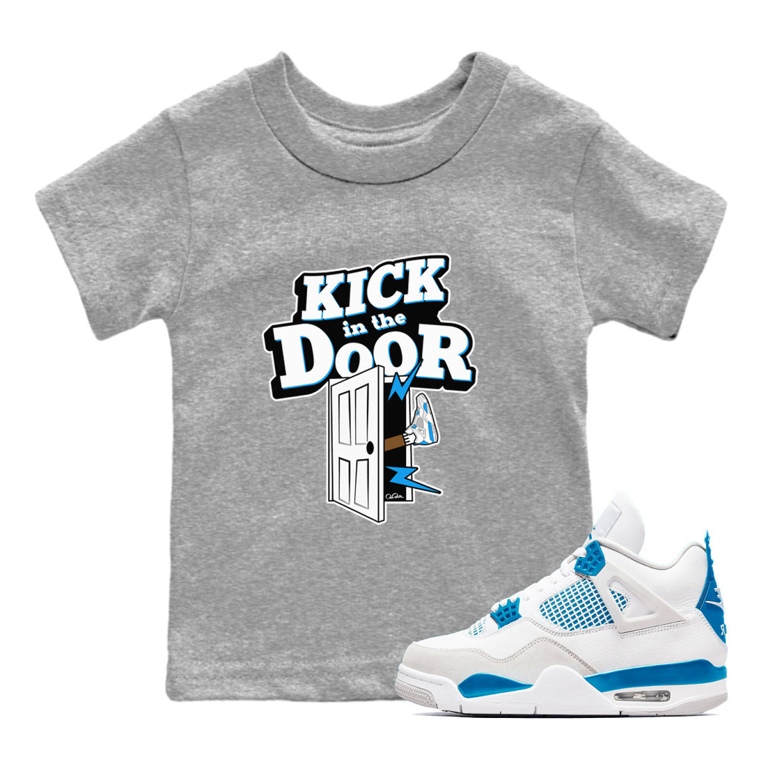 Air Jordan 4 Industrial Blue shirt to match jordans Kick In The Door sneaker tees Air Jordan 4 Military Blue Drip Gear Zone baby toddler Heather Grey 1 cotton Shirt