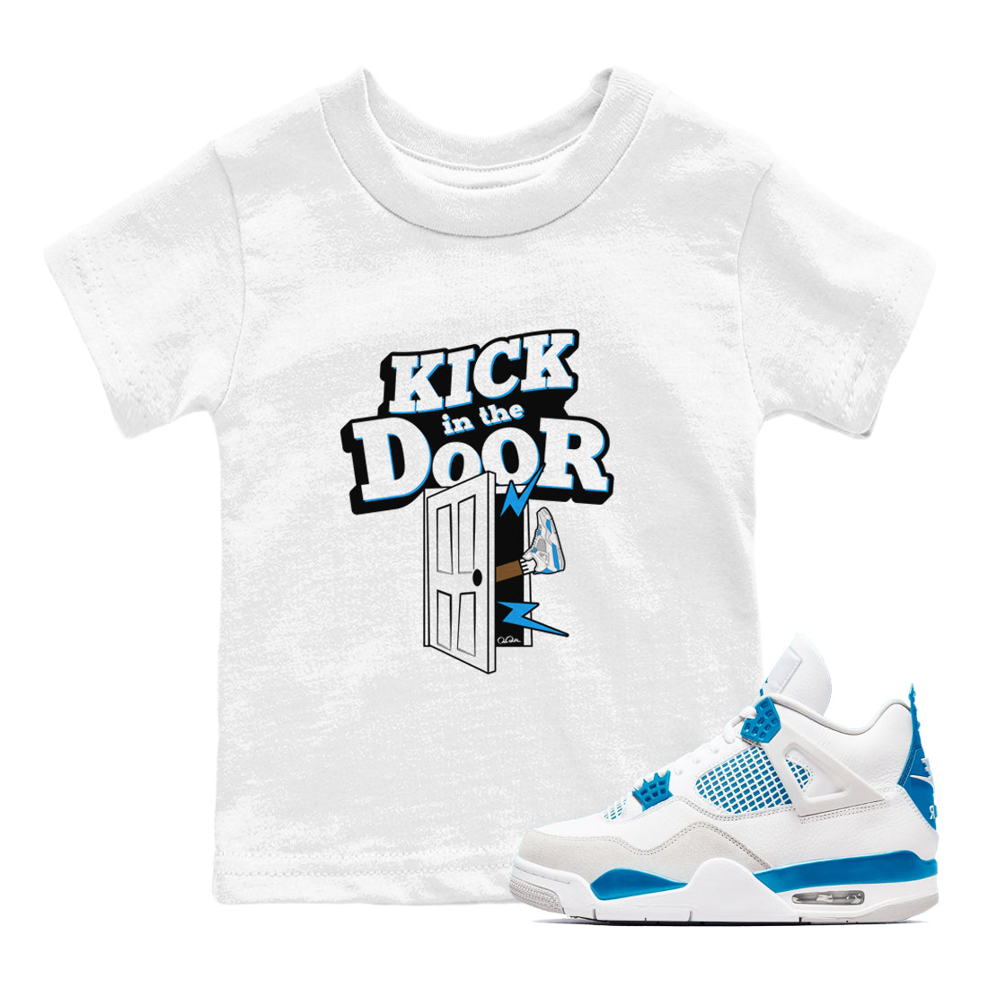 Air Jordan 4 Industrial Blue shirt to match jordans Kick In The Door sneaker tees Air Jordan 4 Military Blue Drip Gear Zone baby toddler White 1 cotton Shirt