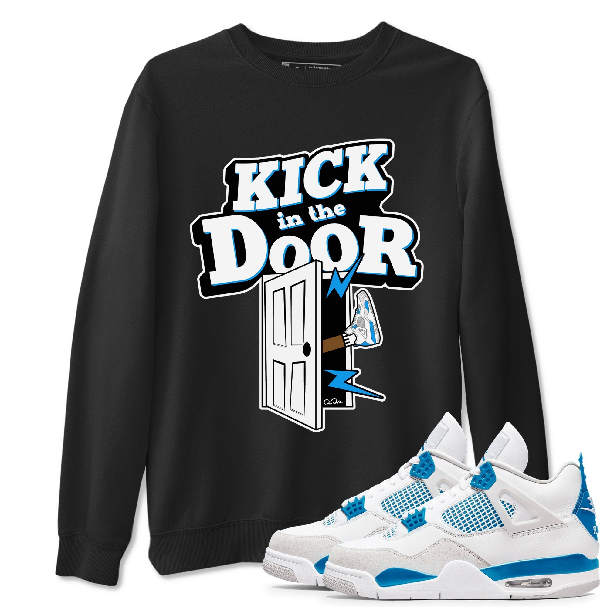 Air Jordan 4 Industrial Blue shirt to match jordans Kick In The Door sneaker tees Air Jordan 4 Military Blue Drip Gear Zone unisex cotton Black 1 crew neck shirt