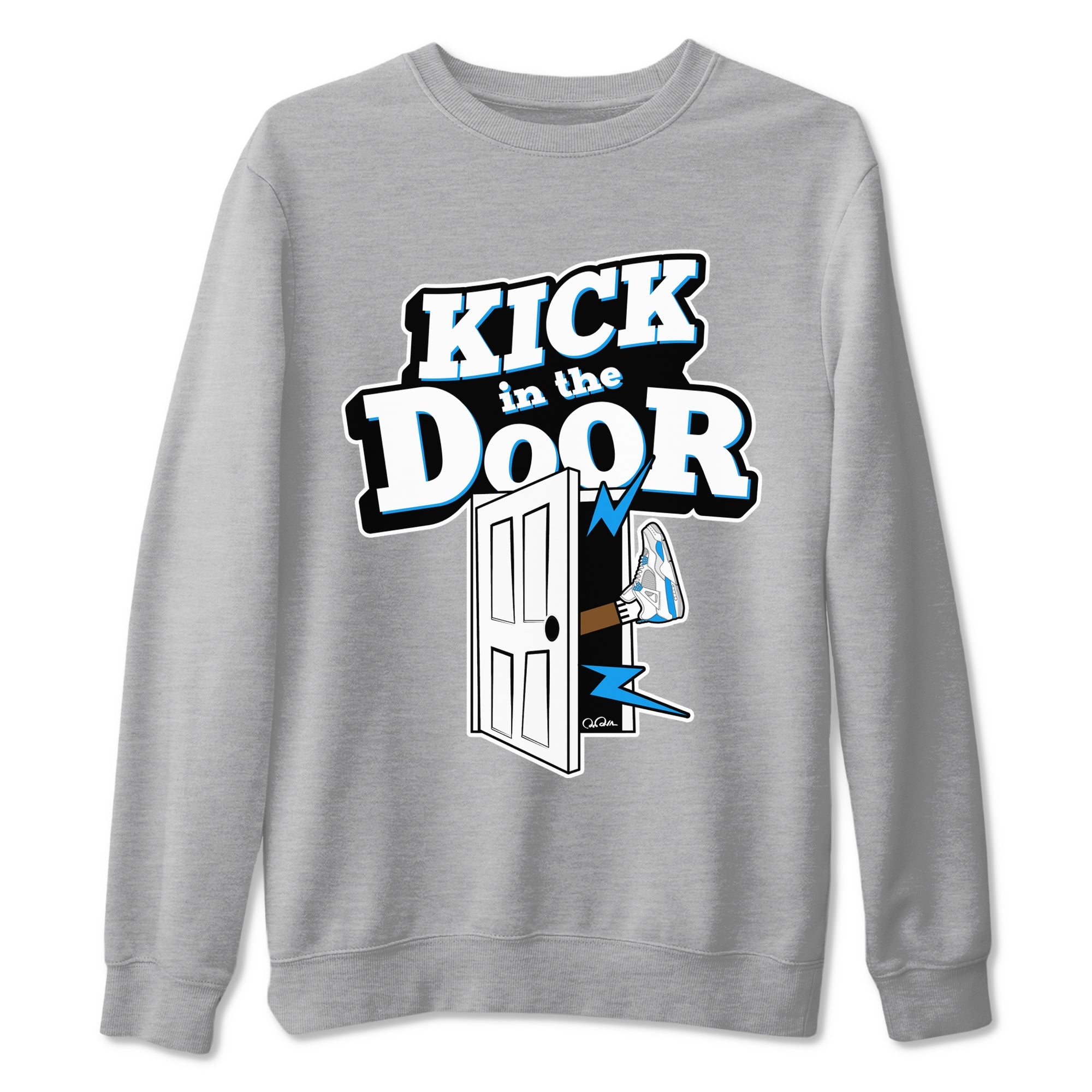 Air Jordan 4 Industrial Blue shirt to match jordans Kick In The Door sneaker tees Air Jordan 4 Military Blue Drip Gear Zone unisex cotton Heather Grey 2 crew neck shirt