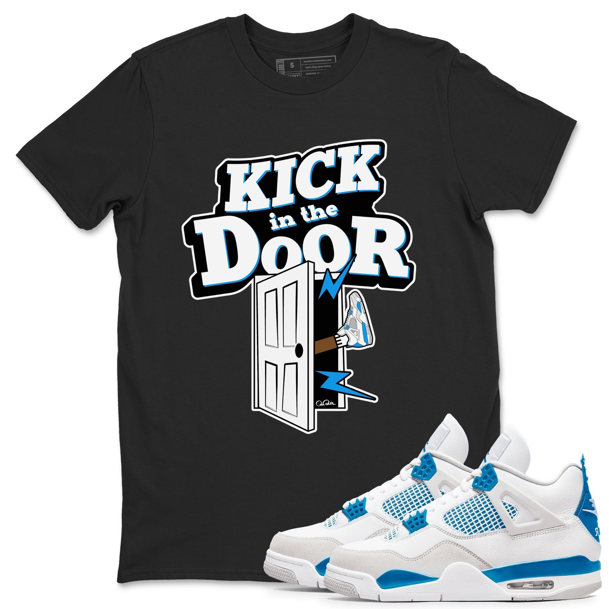 Air Jordan 4 Industrial Blue shirt to match jordans Kick In The Door sneaker tees Air Jordan 4 Military Blue Drip Gear Zone unisex cotton Black 1 crew neck shirt