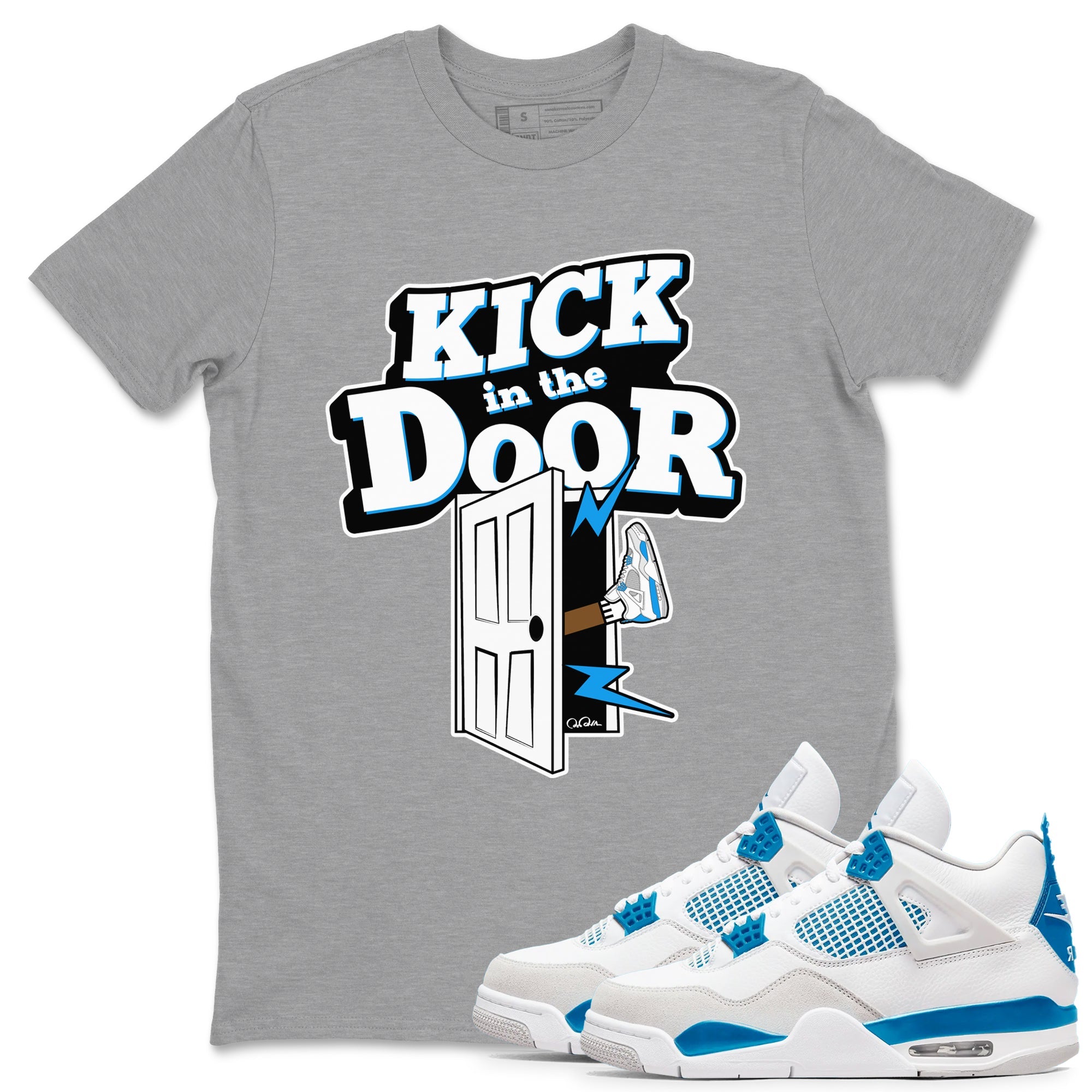 Air Jordan 4 Industrial Blue shirt to match jordans Kick In The Door sneaker tees Air Jordan 4 Military Blue Drip Gear Zone unisex cotton Heather Grey 1 crew neck shirt