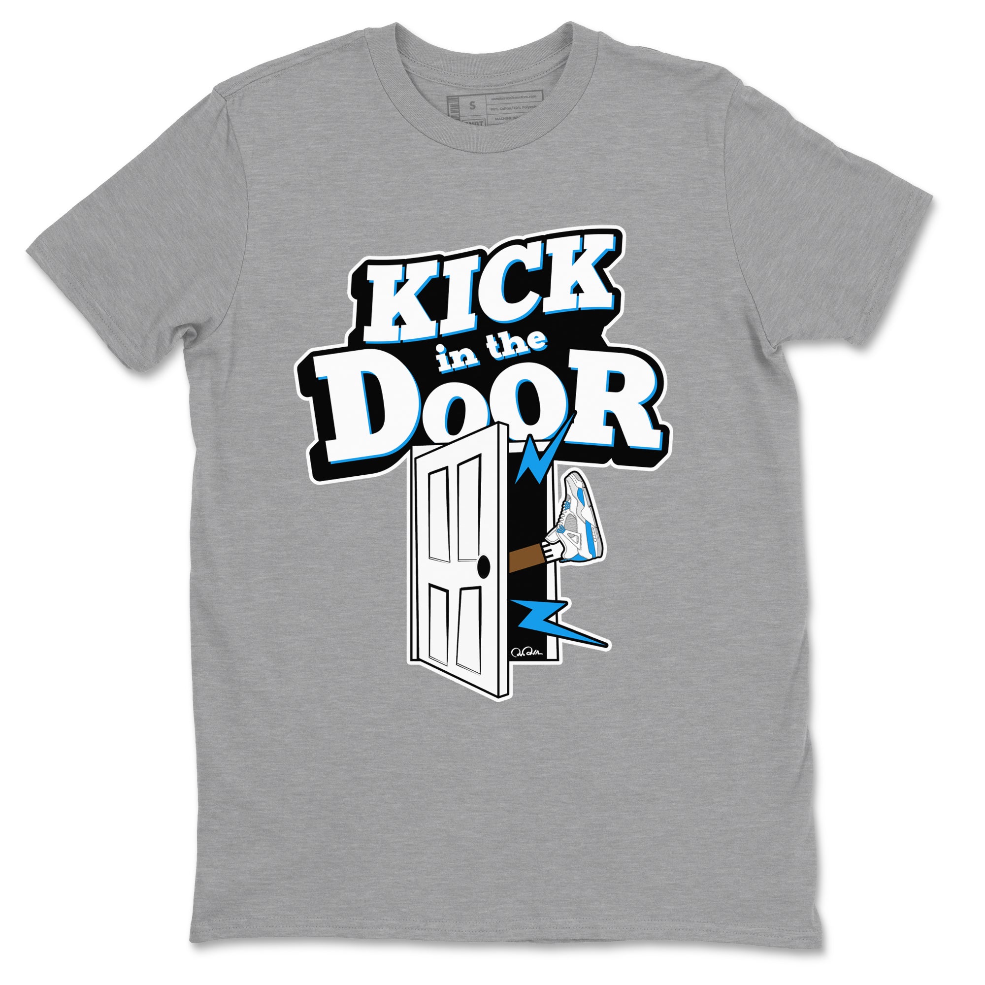 Air Jordan 4 Industrial Blue shirt to match jordans Kick In The Door sneaker tees Air Jordan 4 Military Blue Drip Gear Zone unisex cotton Heather Grey 2 crew neck shirt