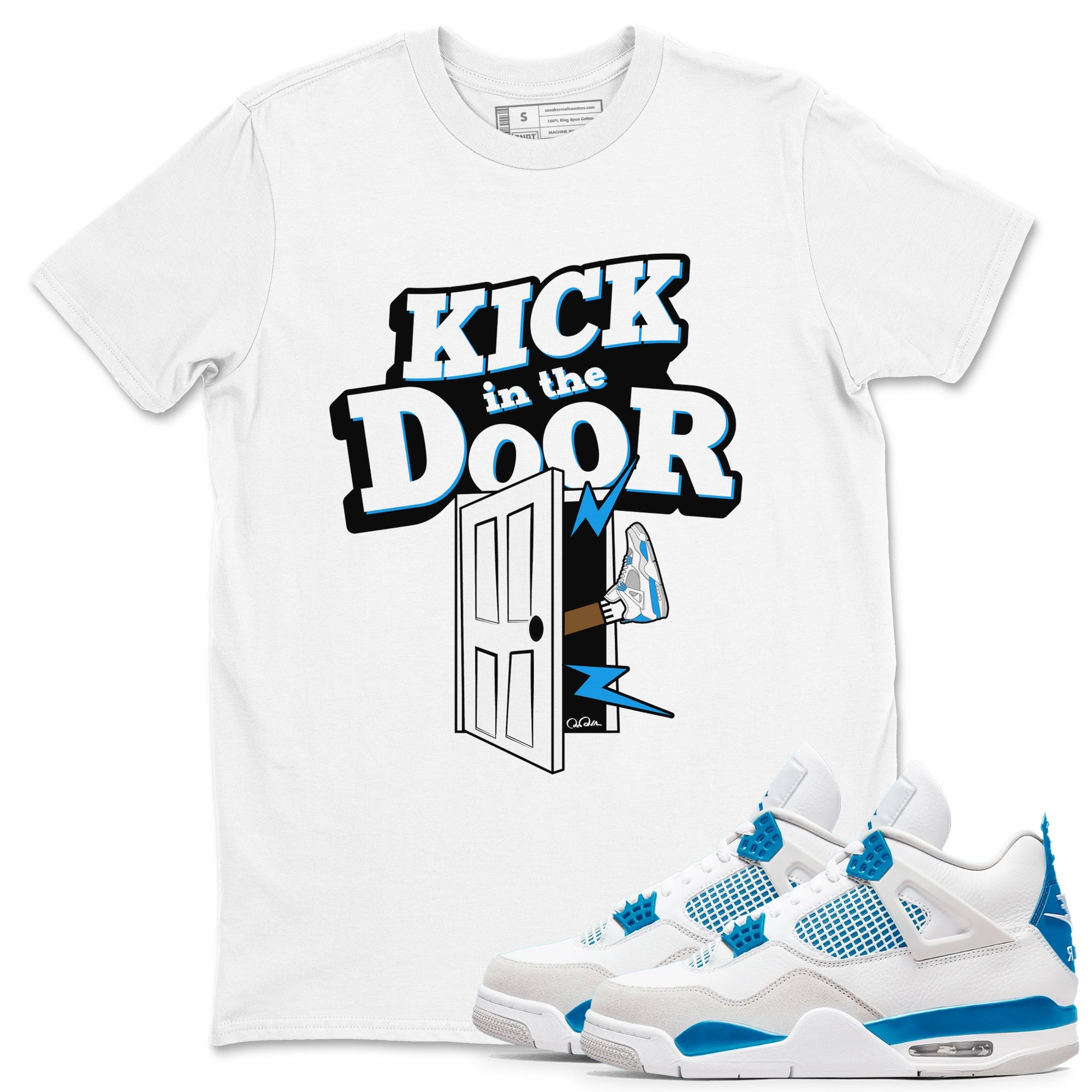 Air Jordan 4 Industrial Blue shirt to match jordans Kick In The Door sneaker tees Air Jordan 4 Military Blue Drip Gear Zone unisex cotton White 1 crew neck shirt