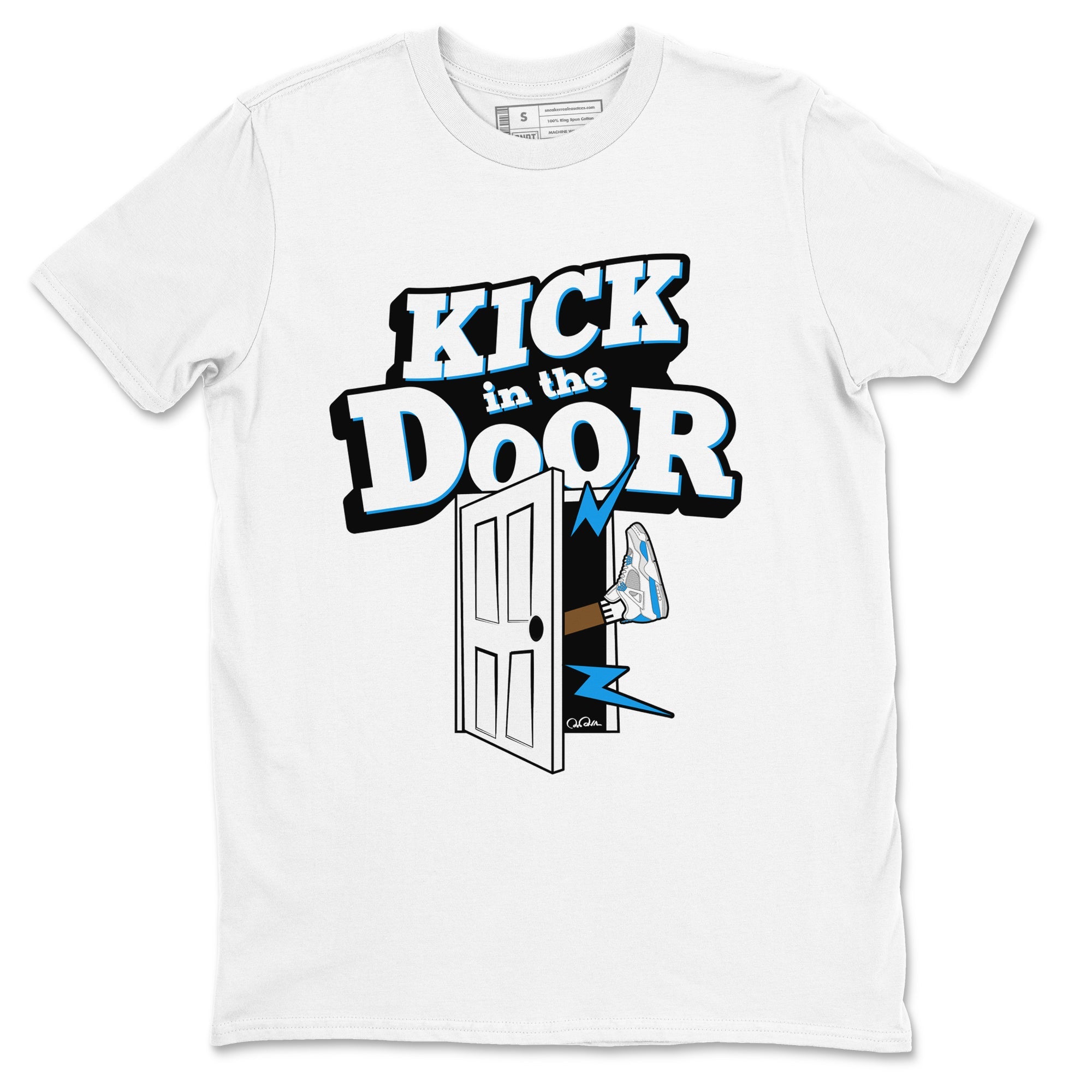 Air Jordan 4 Industrial Blue shirt to match jordans Kick In The Door sneaker tees Air Jordan 4 Military Blue Drip Gear Zone unisex cotton White 2 crew neck shirt