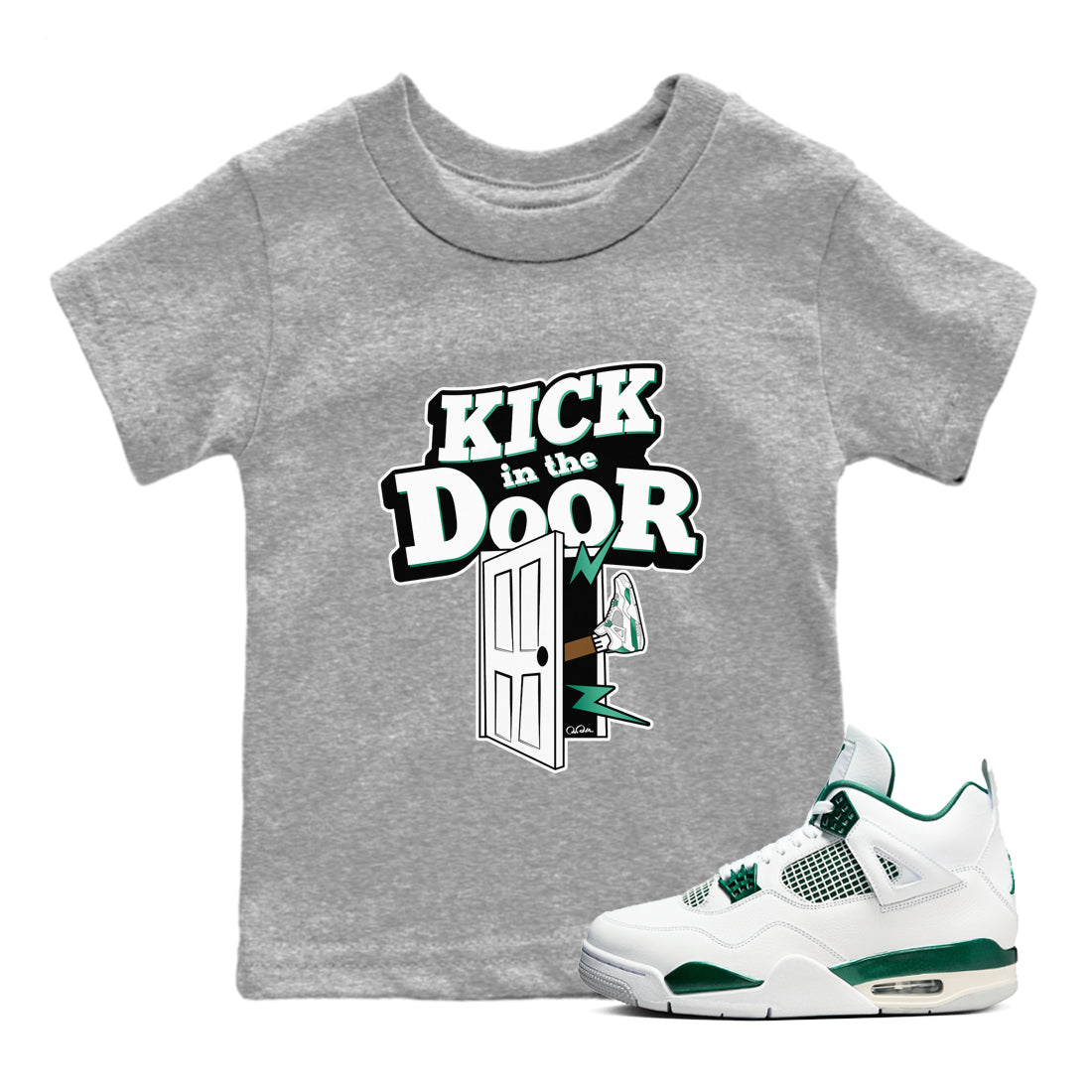 4s Oxidized Green shirts to match jordans Kick In The Door sneaker match tees Air Jordan 4 Oxidized Green Drip Gear Zone streetwear brand Baby and Youth Heather Grey 1 cotton tee