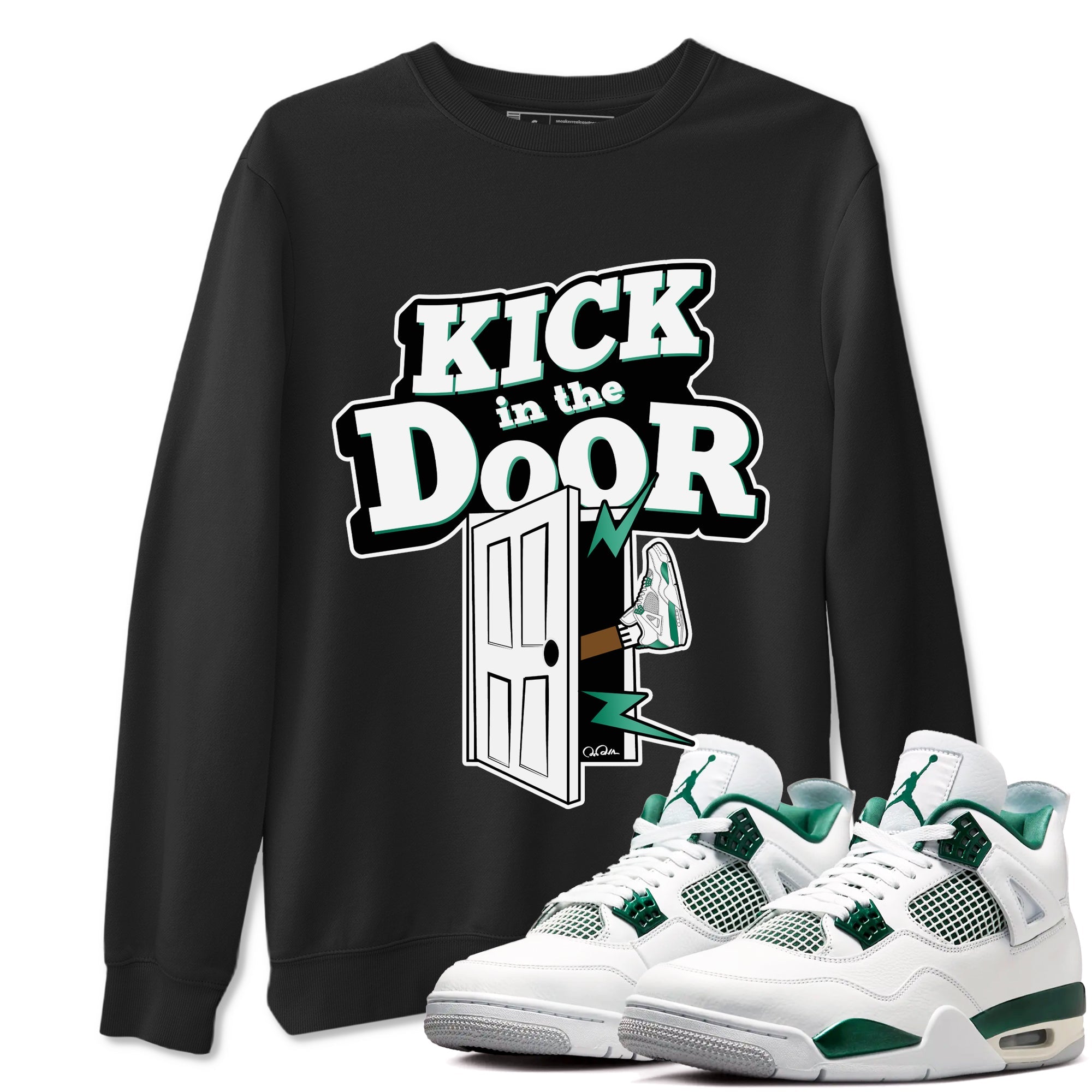 4s Oxidized Green shirts to match jordans Kick In The Door sneaker match tees Air Jordan 4 Oxidized Green Drip Gear Zone streetwear brand Black 1 unisex cotton tee
