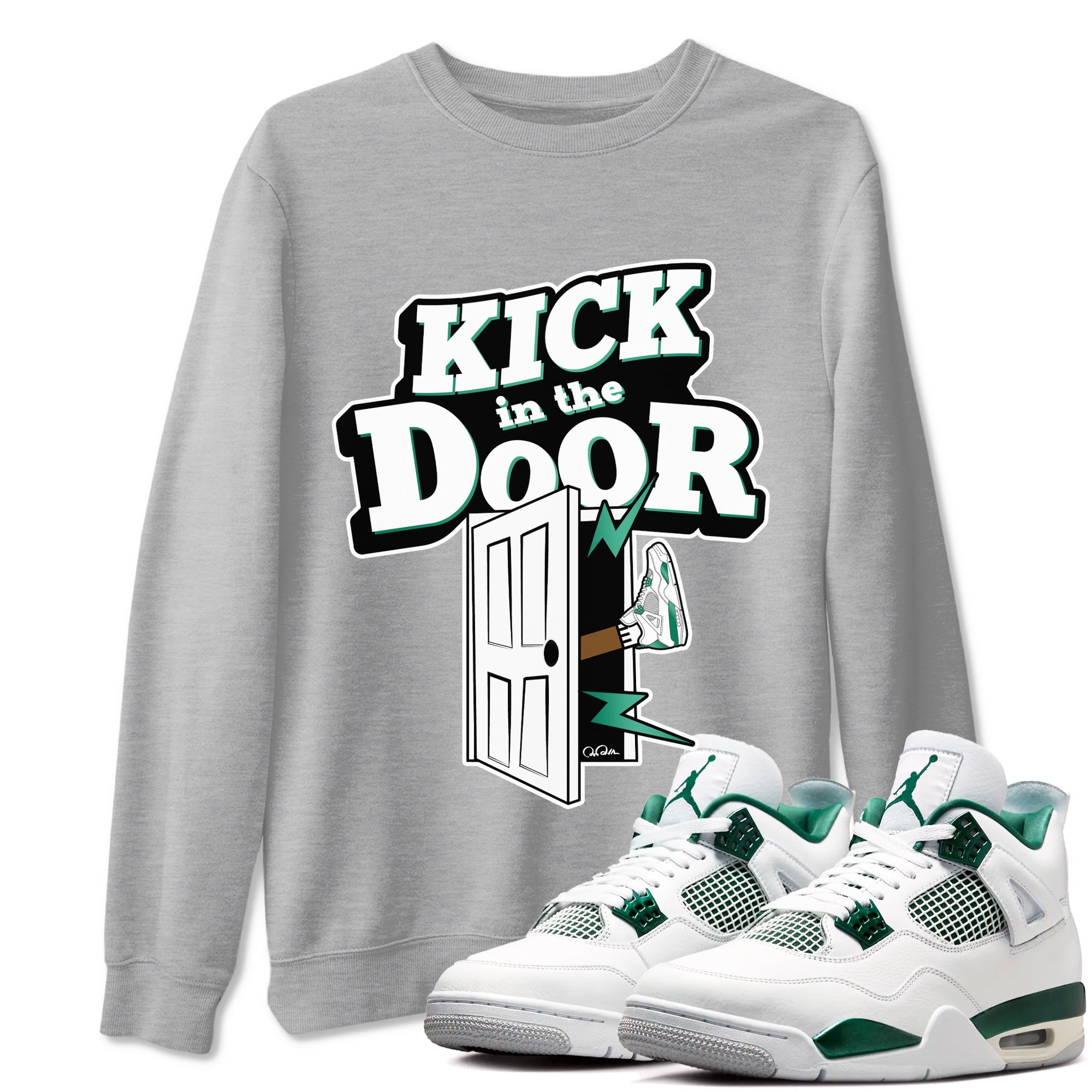 4s Oxidized Green shirts to match jordans Kick In The Door sneaker match tees Air Jordan 4 Oxidized Green Drip Gear Zone streetwear brand Heather Grey 1 unisex cotton tee