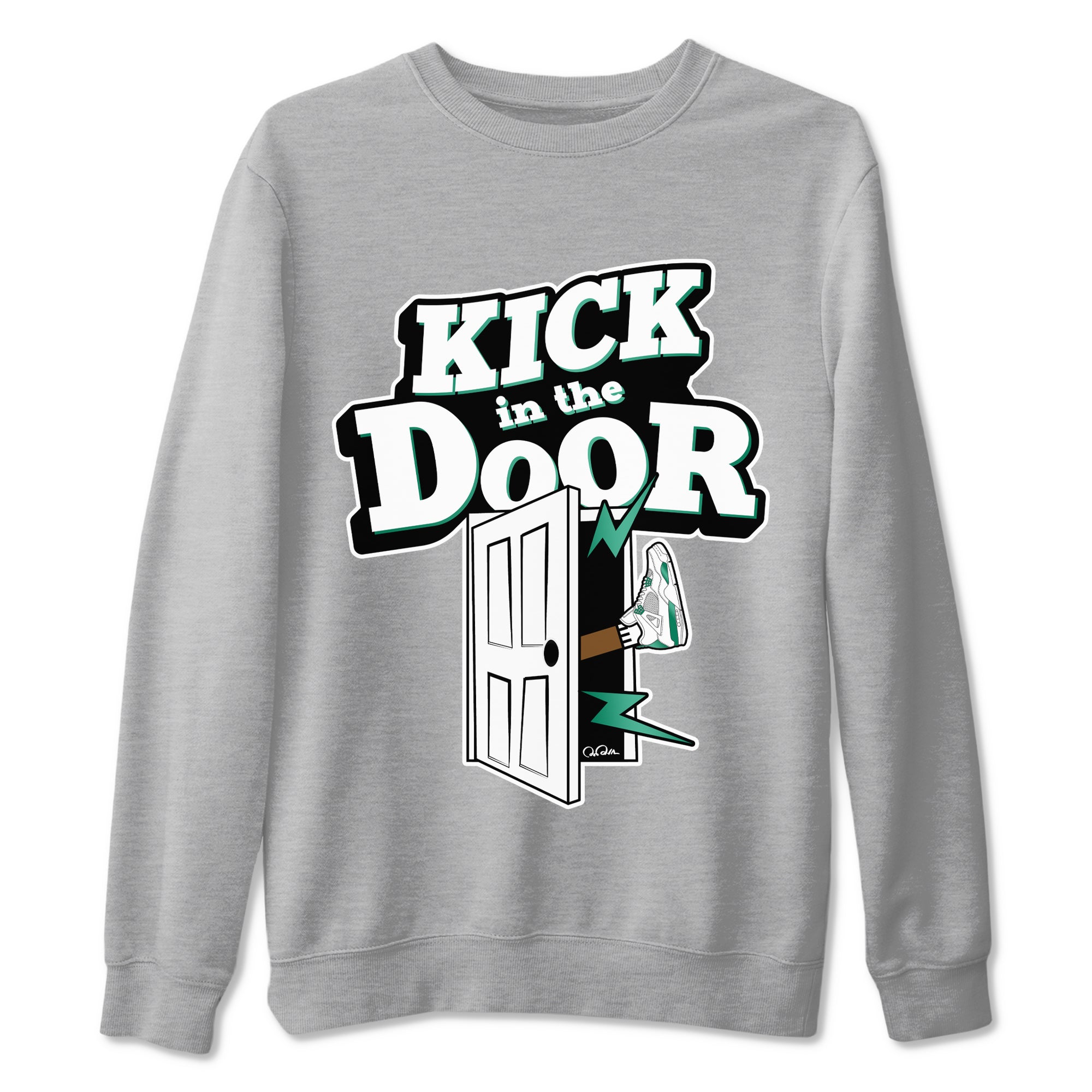 4s Oxidized Green shirts to match jordans Kick In The Door sneaker match tees Air Jordan 4 Oxidized Green Drip Gear Zone streetwear brand Heather Grey 2 unisex cotton tee