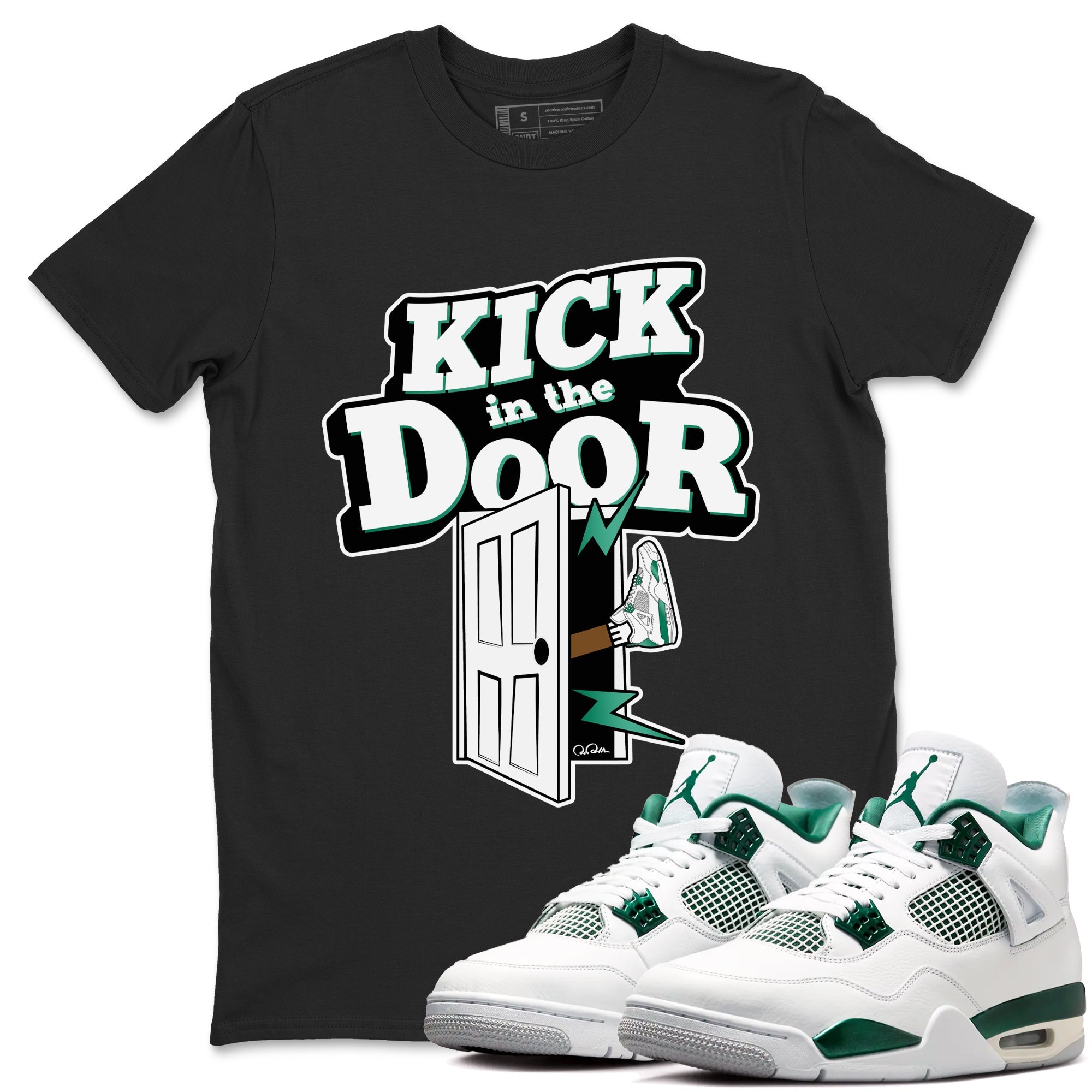 4s Oxidized Green shirts to match jordans Kick In The Door sneaker match tees Air Jordan 4 Oxidized Green Drip Gear Zone streetwear brand Black 1 unisex cotton tee