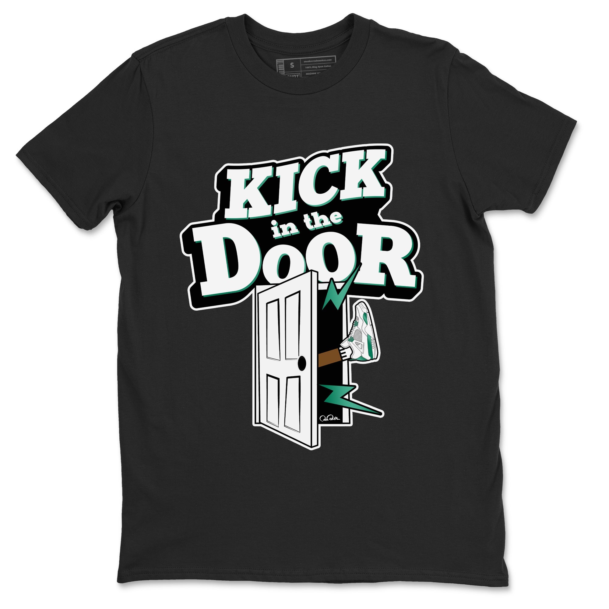 4s Oxidized Green shirts to match jordans Kick In The Door sneaker match tees Air Jordan 4 Oxidized Green Drip Gear Zone streetwear brand Black 2 unisex cotton tee