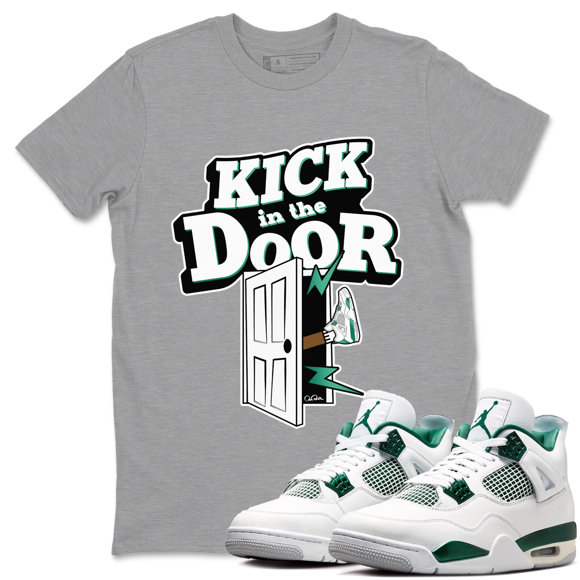 4s Oxidized Green shirts to match jordans Kick In The Door sneaker match tees Air Jordan 4 Oxidized Green Drip Gear Zone streetwear brand Heather Grey 1 unisex cotton tee