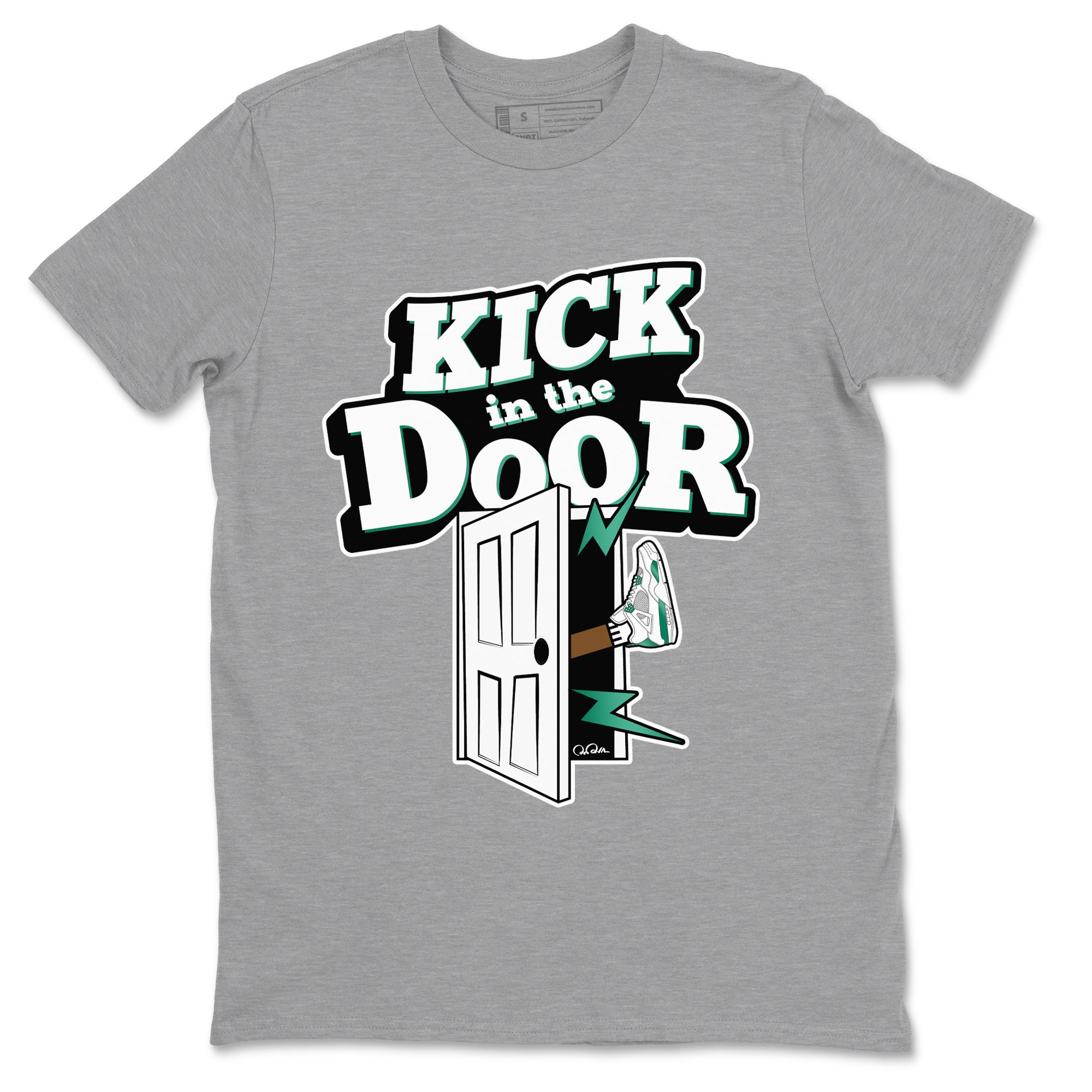 4s Oxidized Green shirts to match jordans Kick In The Door sneaker match tees Air Jordan 4 Oxidized Green Drip Gear Zone streetwear brand Heather Grey 2 unisex cotton tee