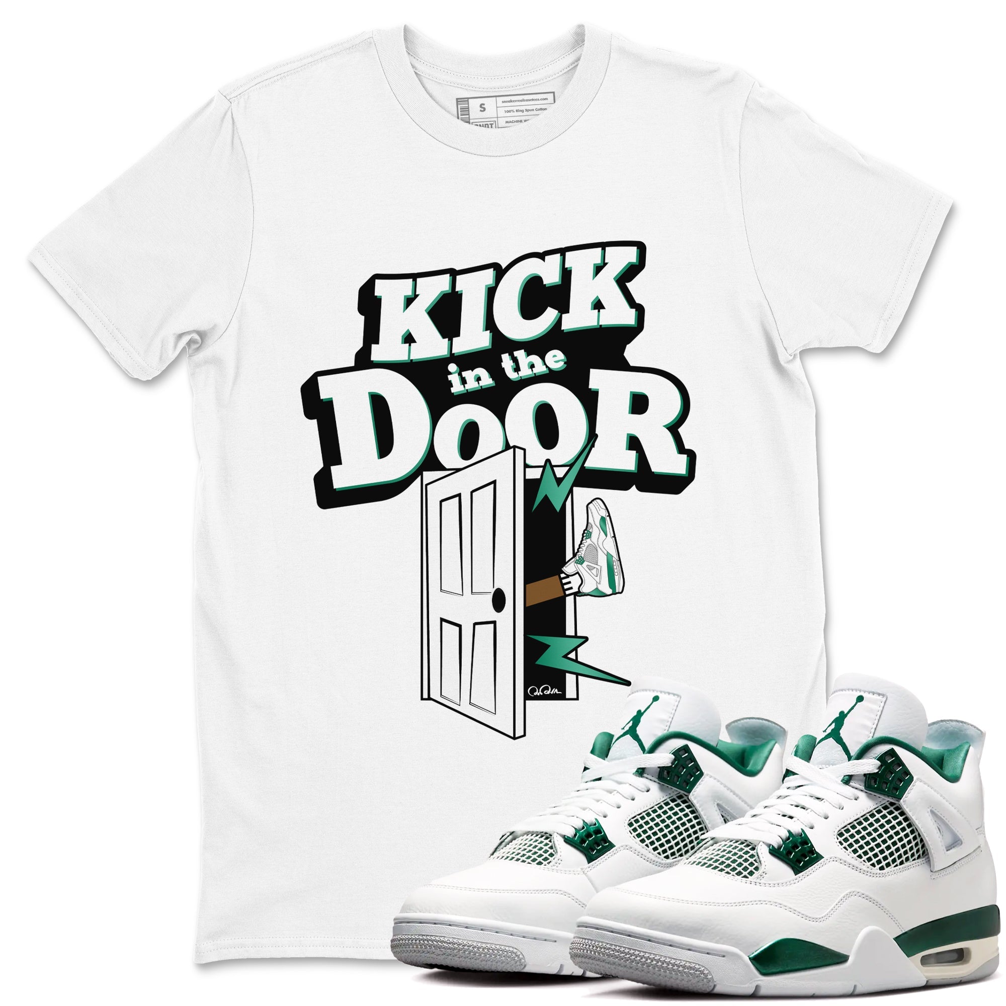 4s Oxidized Green shirts to match jordans Kick In The Door sneaker match tees Air Jordan 4 Oxidized Green Drip Gear Zone streetwear brand White 1 unisex cotton tee
