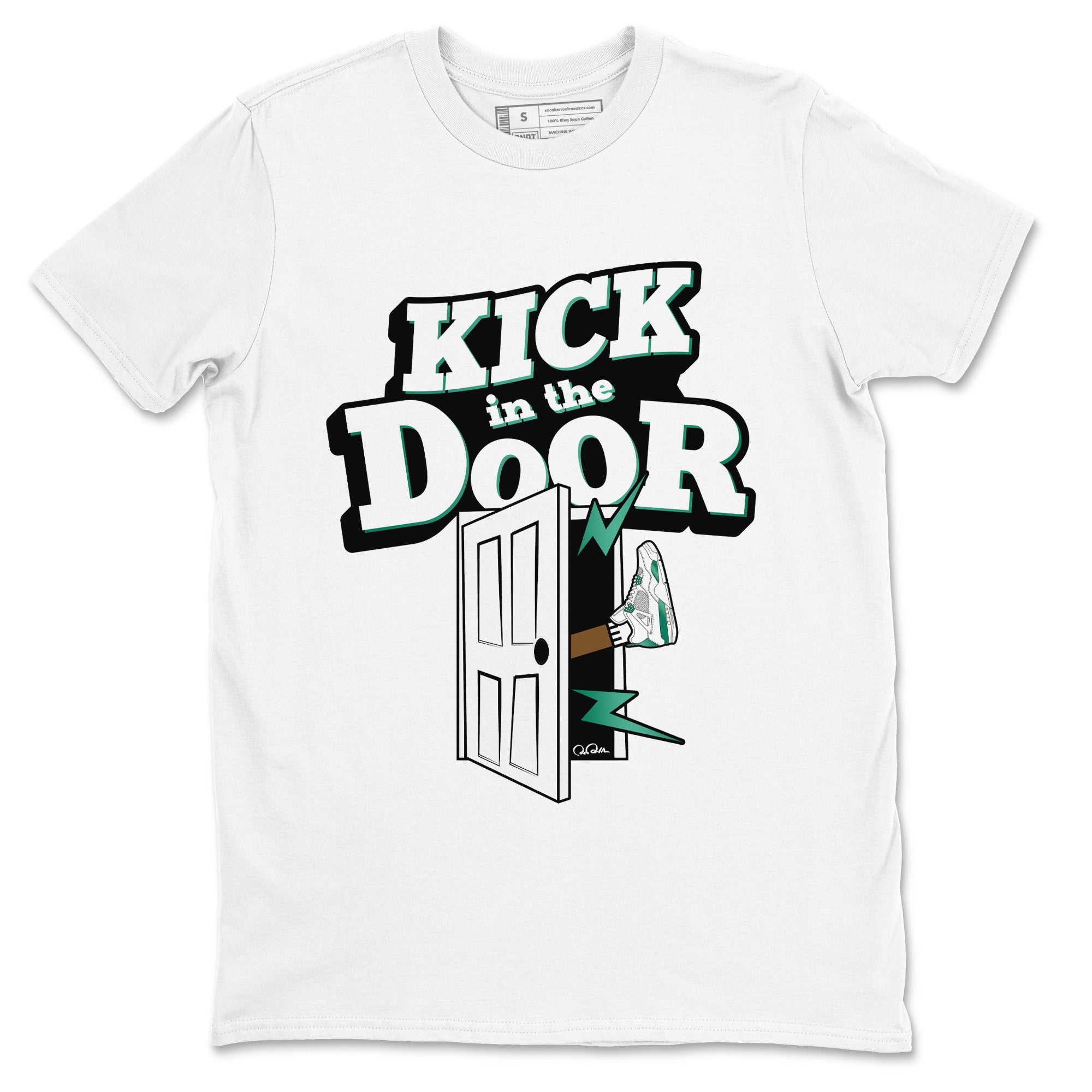 4s Oxidized Green shirts to match jordans Kick In The Door sneaker match tees Air Jordan 4 Oxidized Green Drip Gear Zone streetwear brand White 2 unisex cotton tee