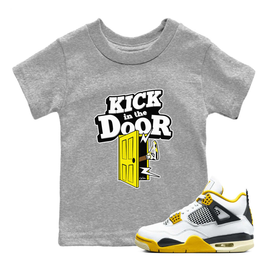 AJ4 Vivid Sulfur shirt to match jordans Kick In The Door sneaker tees Air Jordan 4 Vivid Sulfur Drip Gear Zone baby toddler Heather Grey 1 cotton Shirt
