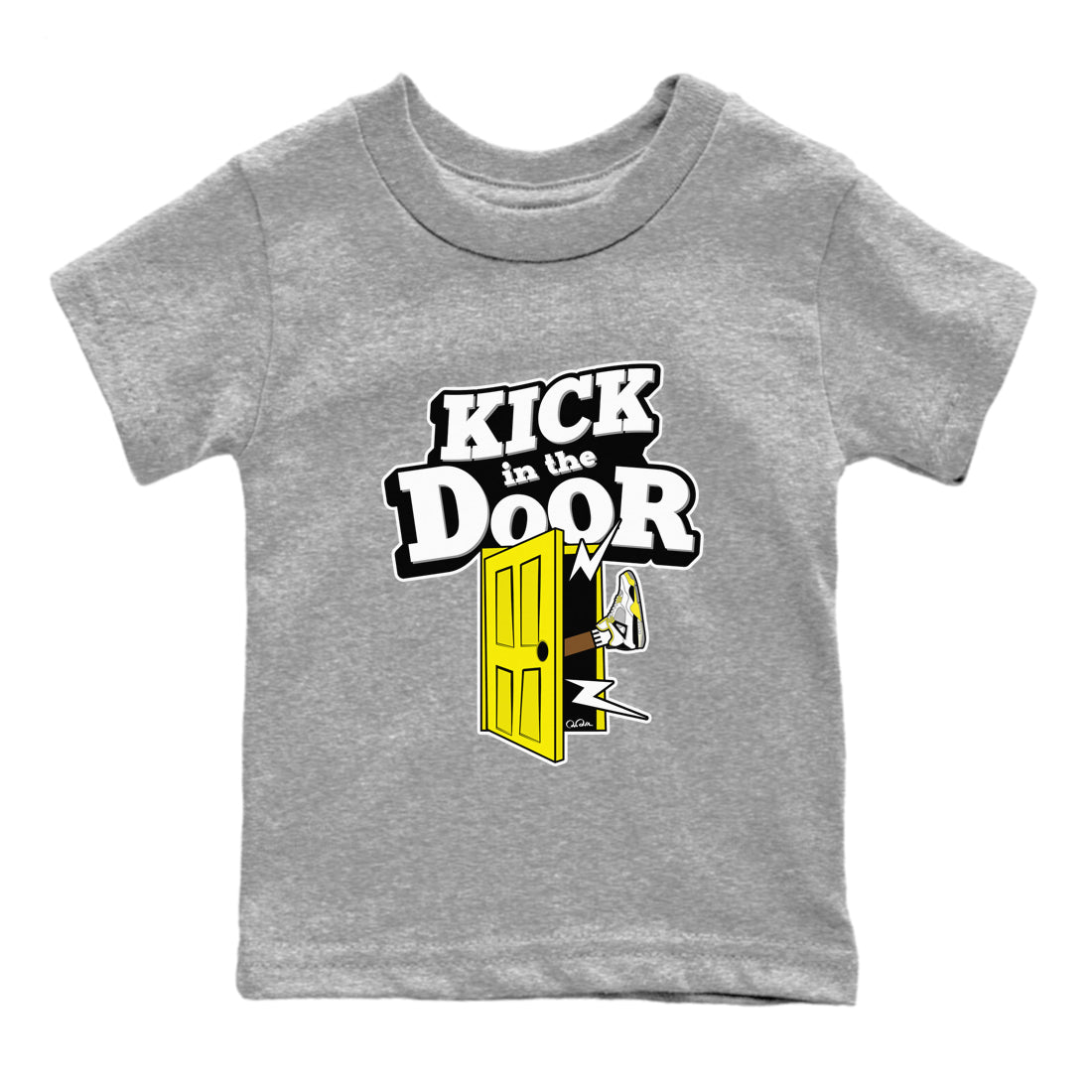 AJ4 Vivid Sulfur shirt to match jordans Kick In The Door sneaker tees Air Jordan 4 Vivid Sulfur Drip Gear Zone baby toddler Heather Grey 2 cotton Shirt