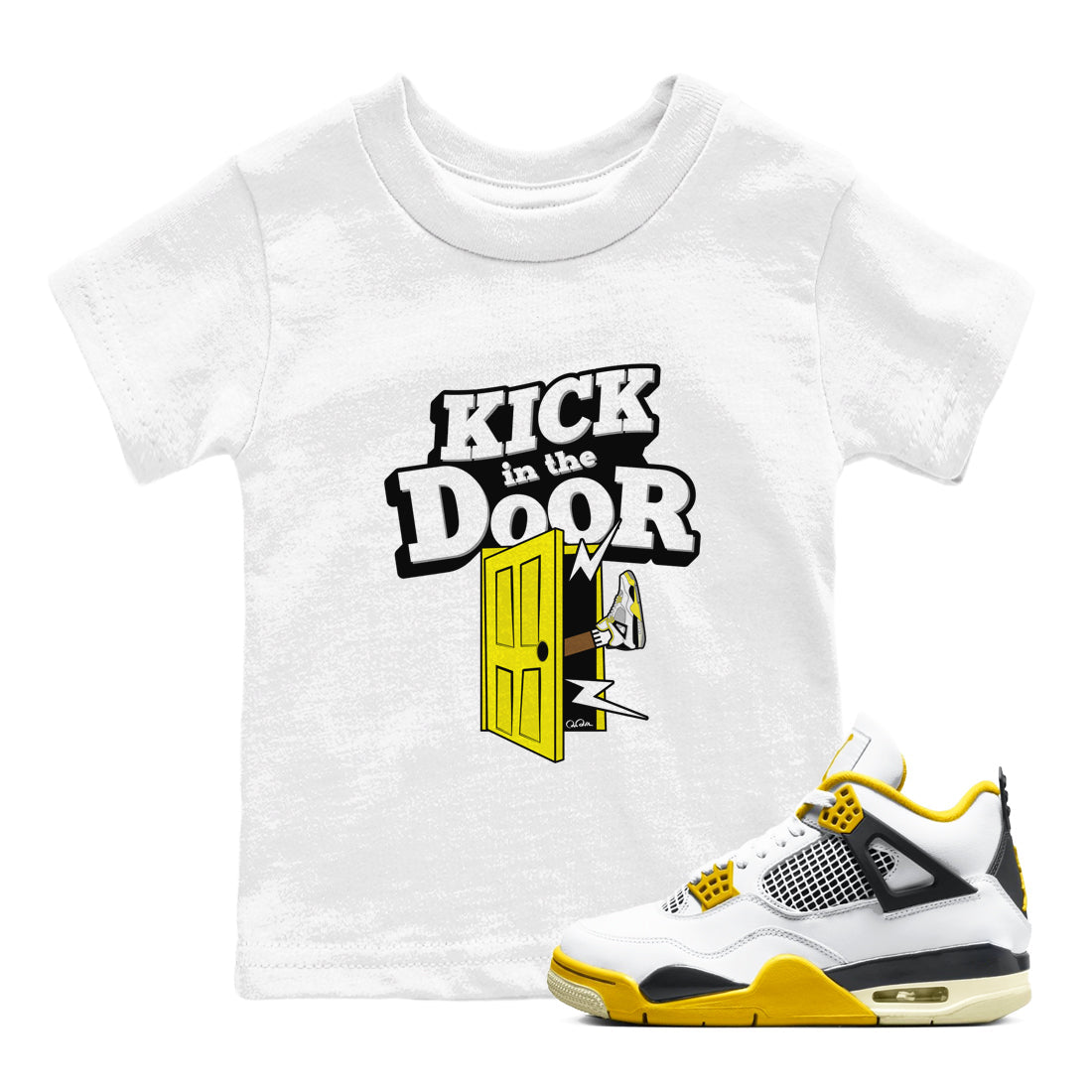 AJ4 Vivid Sulfur shirt to match jordans Kick In The Door sneaker tees Air Jordan 4 Vivid Sulfur Drip Gear Zone baby toddler White 1 cotton Shirt