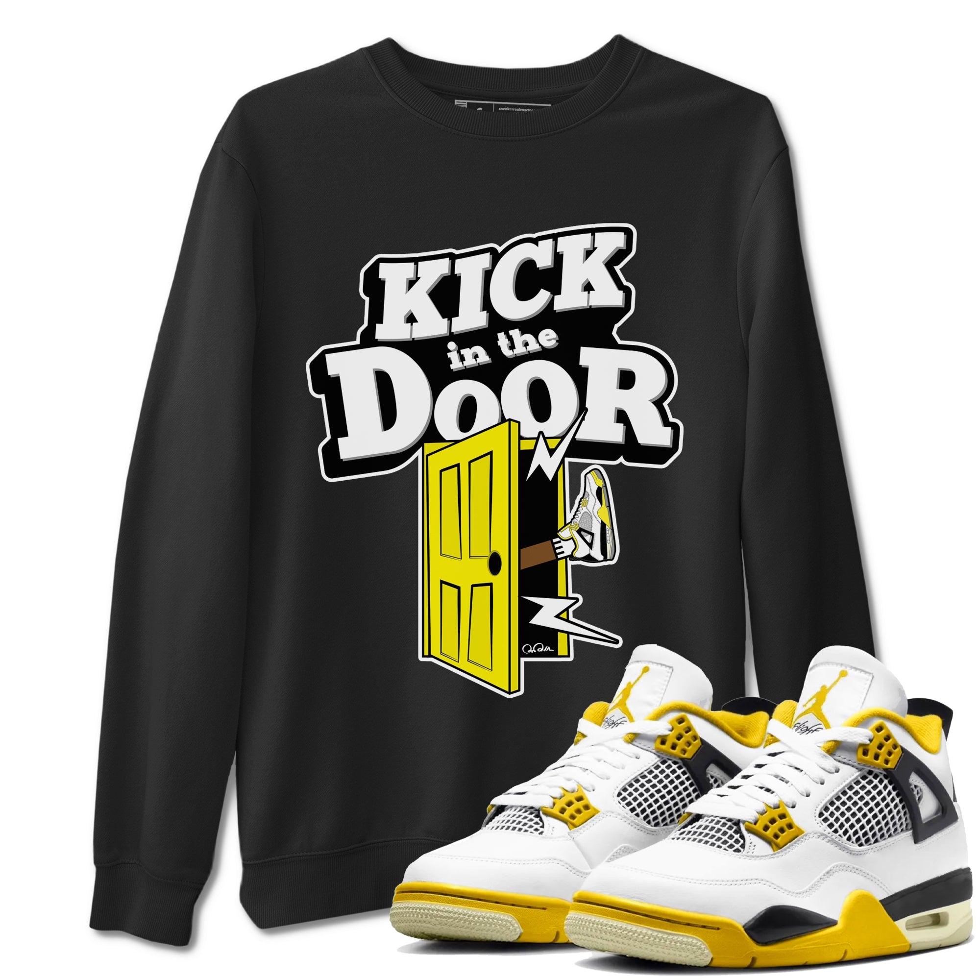 AJ4 Vivid Sulfur shirt to match jordans Kick In The Door sneaker tees Air Jordan 4 Vivid Sulfur Drip Gear Zone unisex cotton Black 1 crew neck shirt