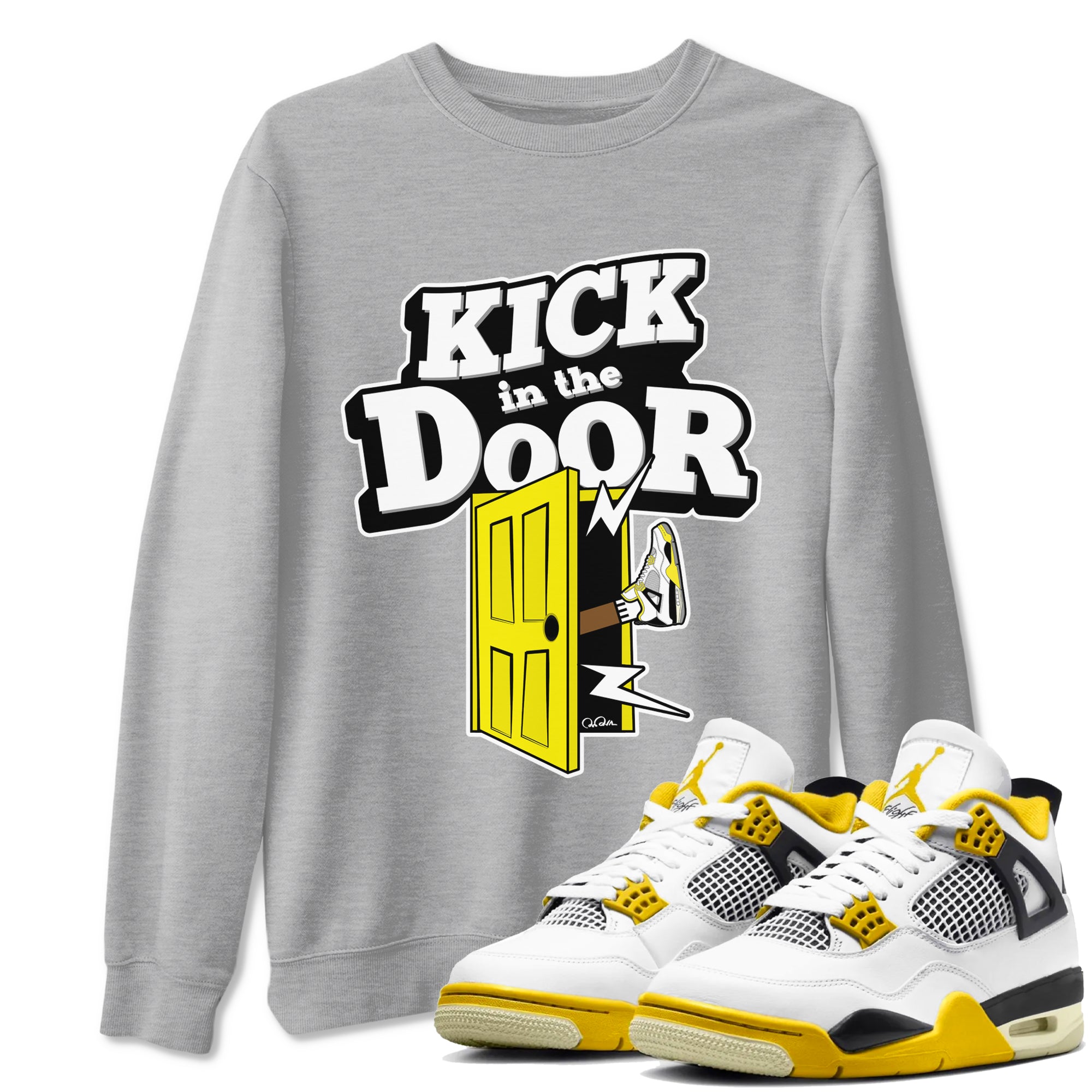 AJ4 Vivid Sulfur shirt to match jordans Kick In The Door sneaker tees Air Jordan 4 Vivid Sulfur Drip Gear Zone unisex cotton Heather Grey 1 crew neck shirt