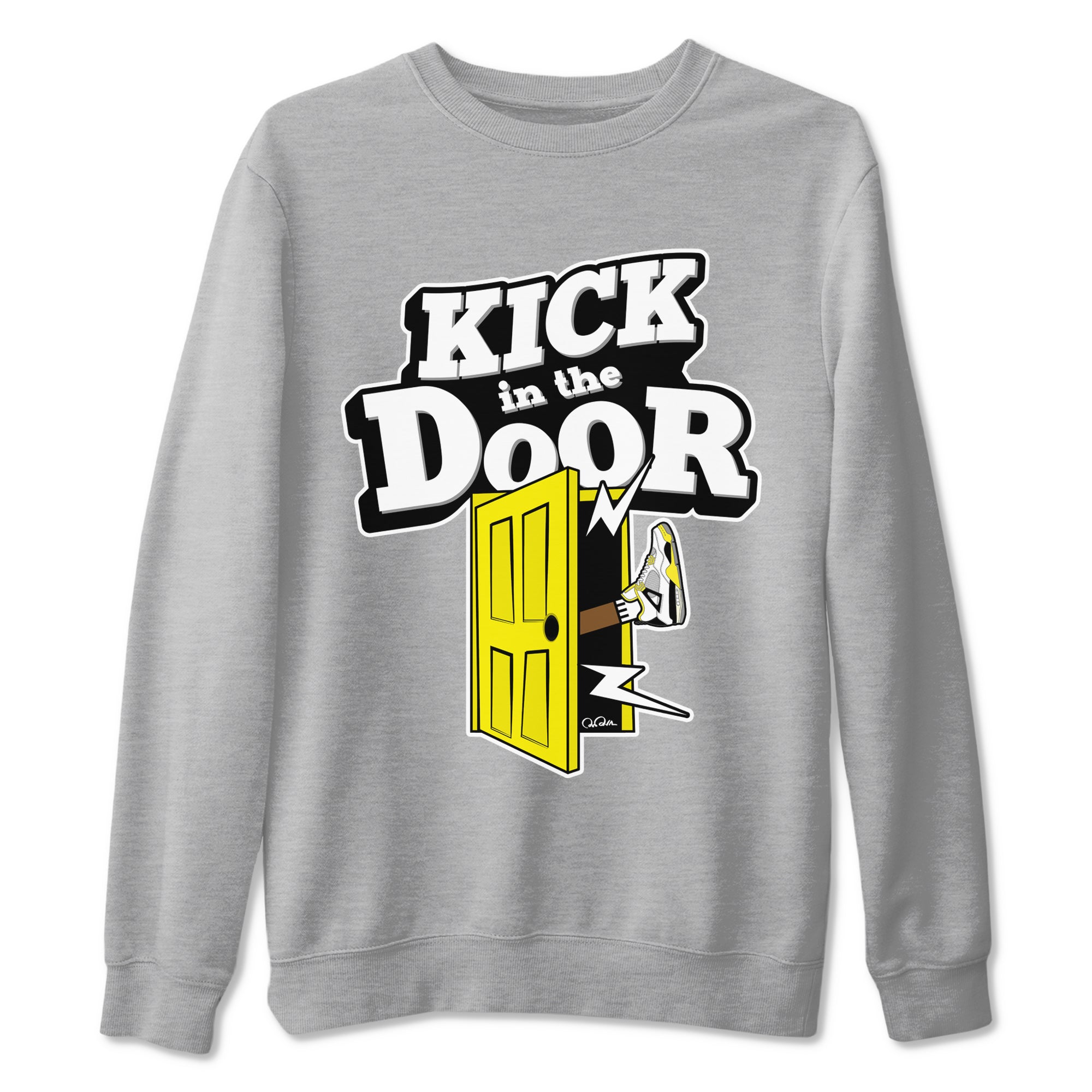 AJ4 Vivid Sulfur shirt to match jordans Kick In The Door sneaker tees Air Jordan 4 Vivid Sulfur Drip Gear Zone unisex cotton Heather Grey 2 crew neck shirt