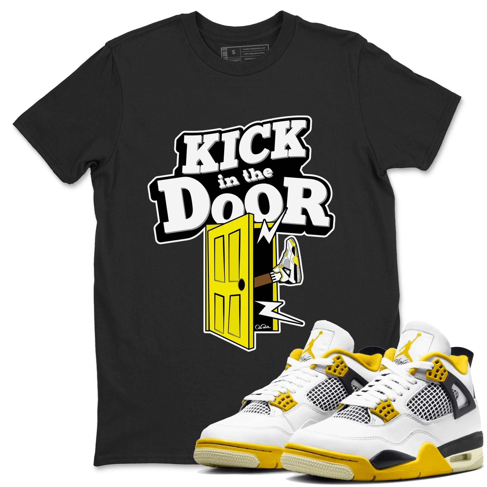 AJ4 Vivid Sulfur shirt to match jordans Kick In The Door sneaker tees Air Jordan 4 Vivid Sulfur Drip Gear Zone unisex cotton Black 1 crew neck shirt
