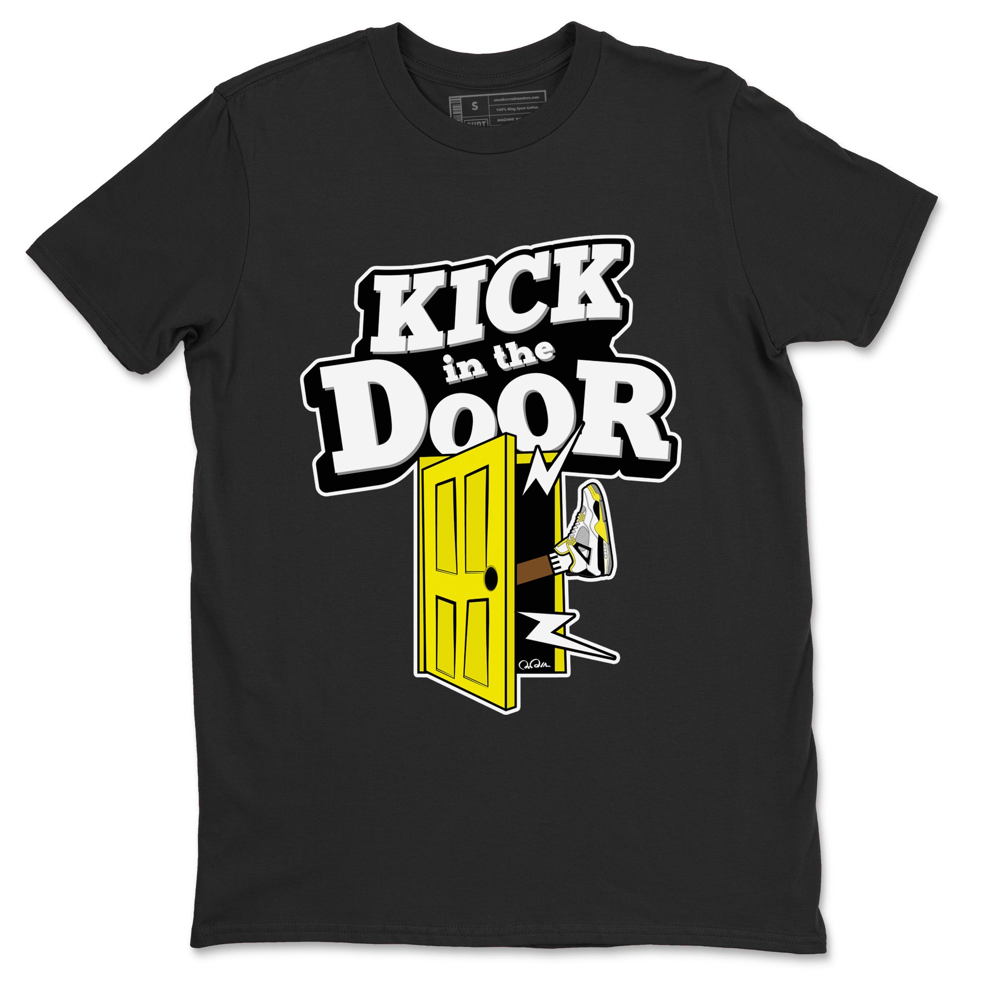 AJ4 Vivid Sulfur shirt to match jordans Kick In The Door sneaker tees Air Jordan 4 Vivid Sulfur Drip Gear Zone unisex cotton Black 2 crew neck shirt