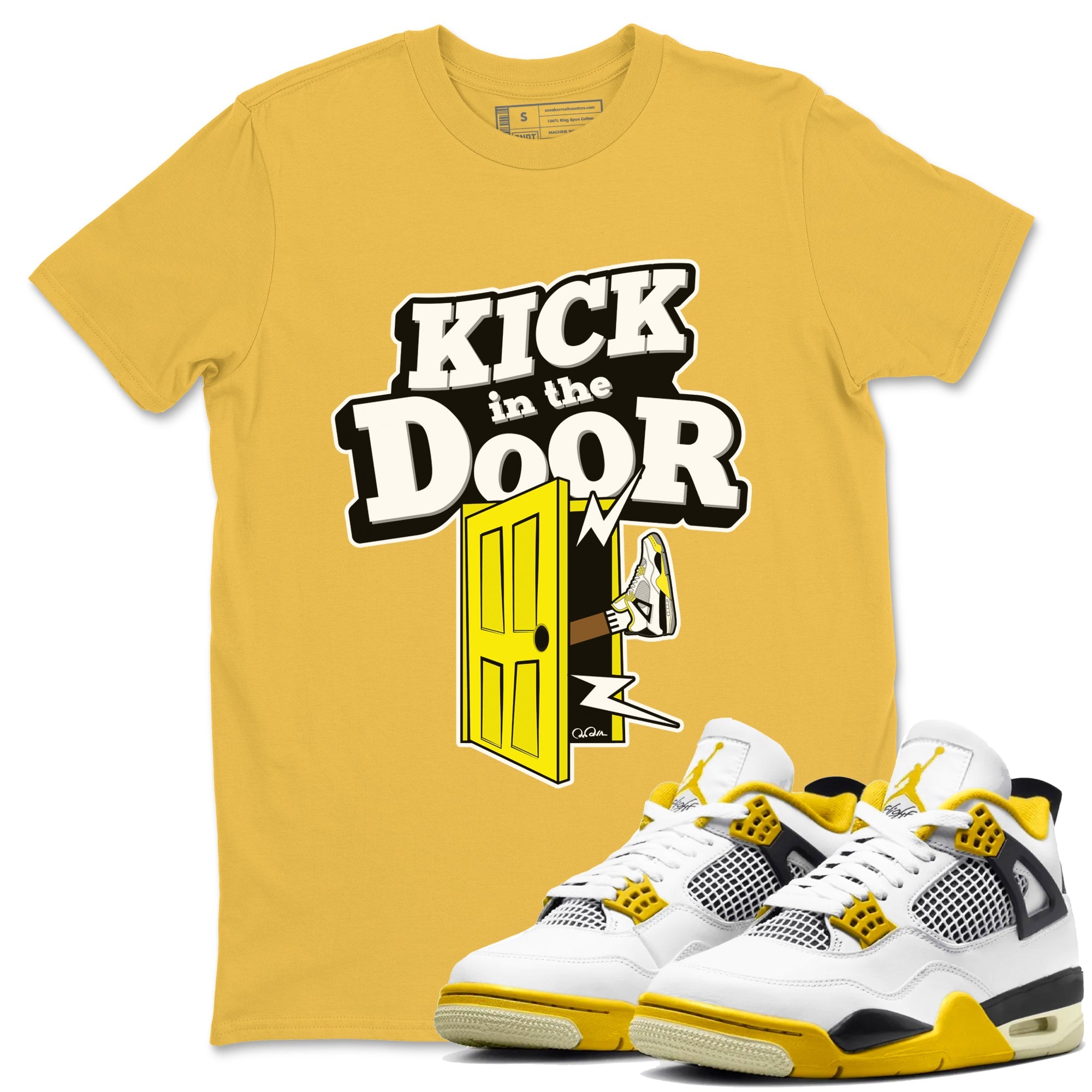 AJ4 Vivid Sulfur shirt to match jordans Kick In The Door sneaker tees Air Jordan 4 Vivid Sulfur Drip Gear Zone unisex cotton Daisy 1 crew neck shirt